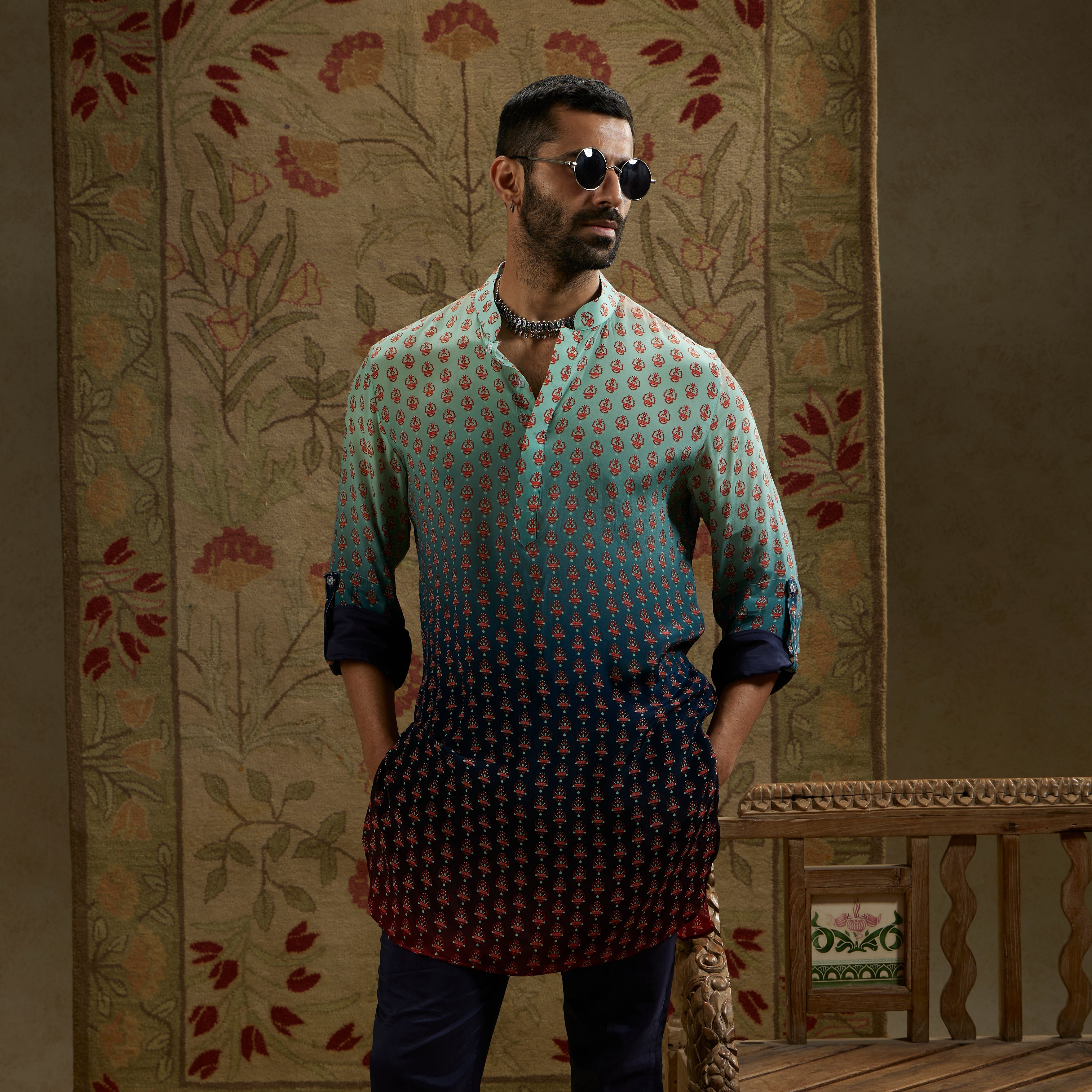 Blue Red Ombre Butti Print Rolled Up Sleeves