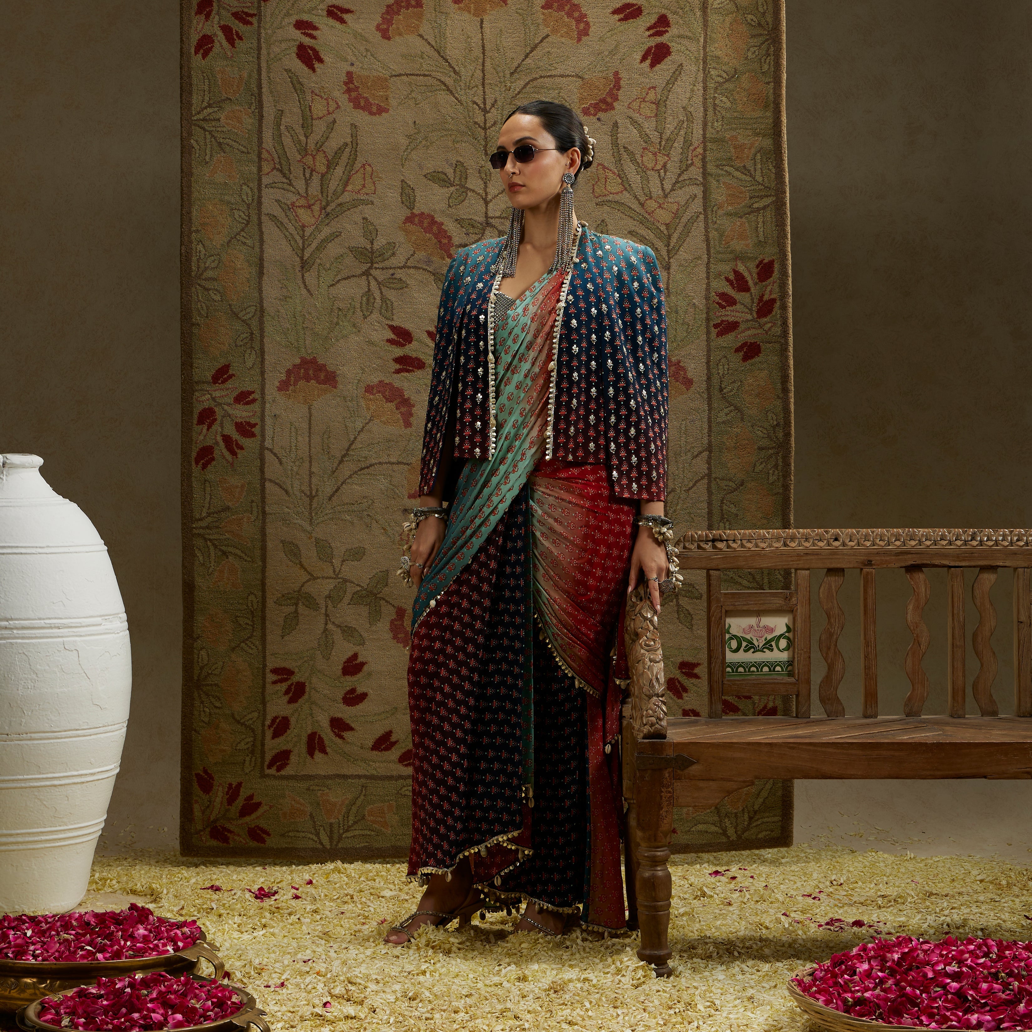 Red & Blue Ombre Print Cascade Saree With Metal Embellished Bustier