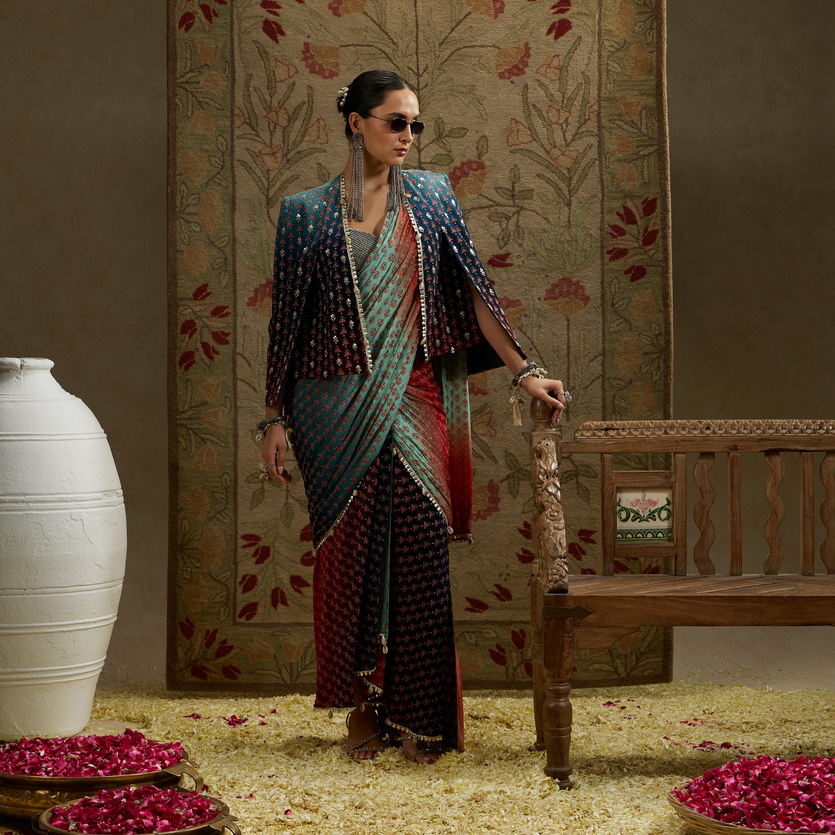 Red & Blue Ombre Print Cascade Saree With Metal Embellished Bustier