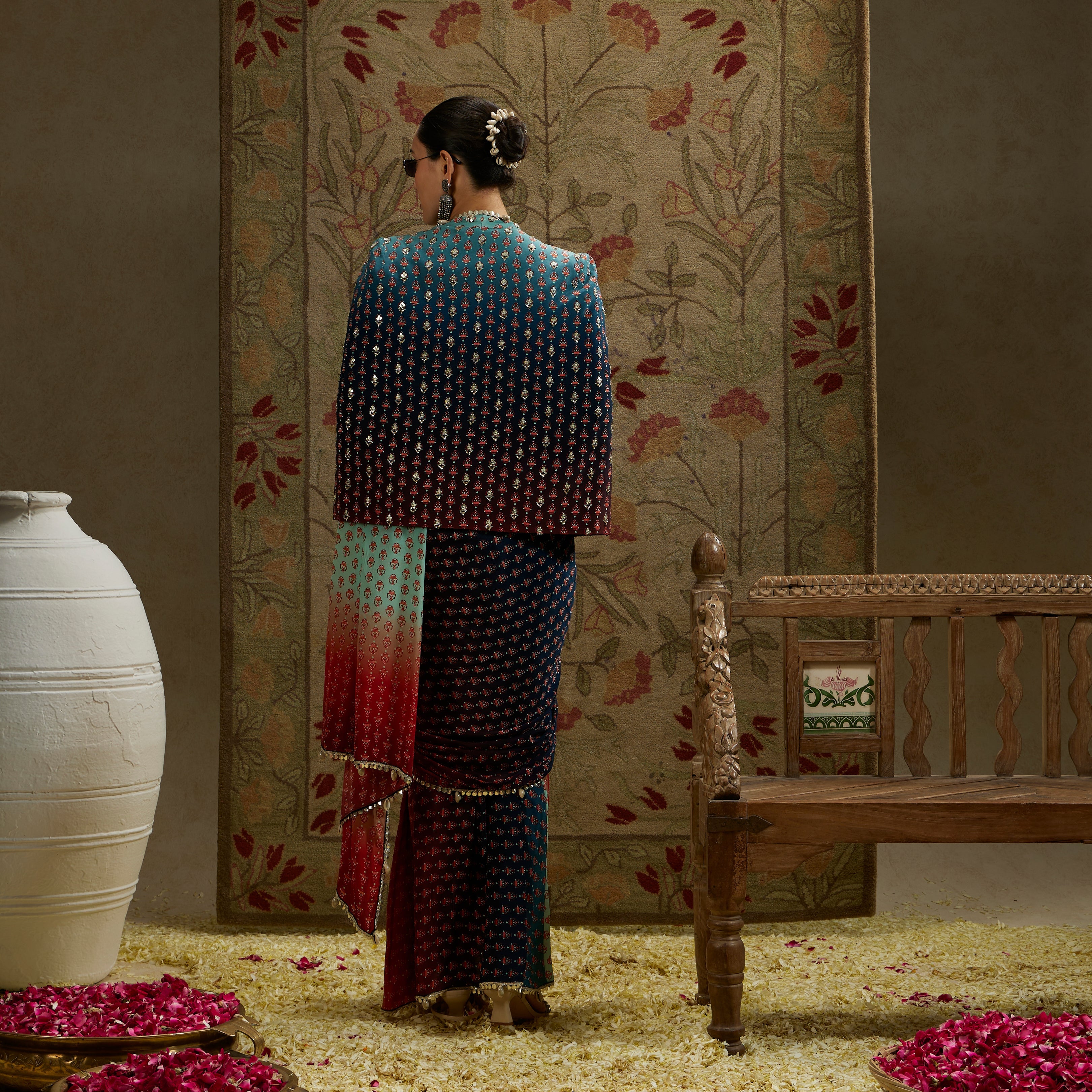 Red & Blue Ombre Print Cascade Saree With Metal Embellished Bustier