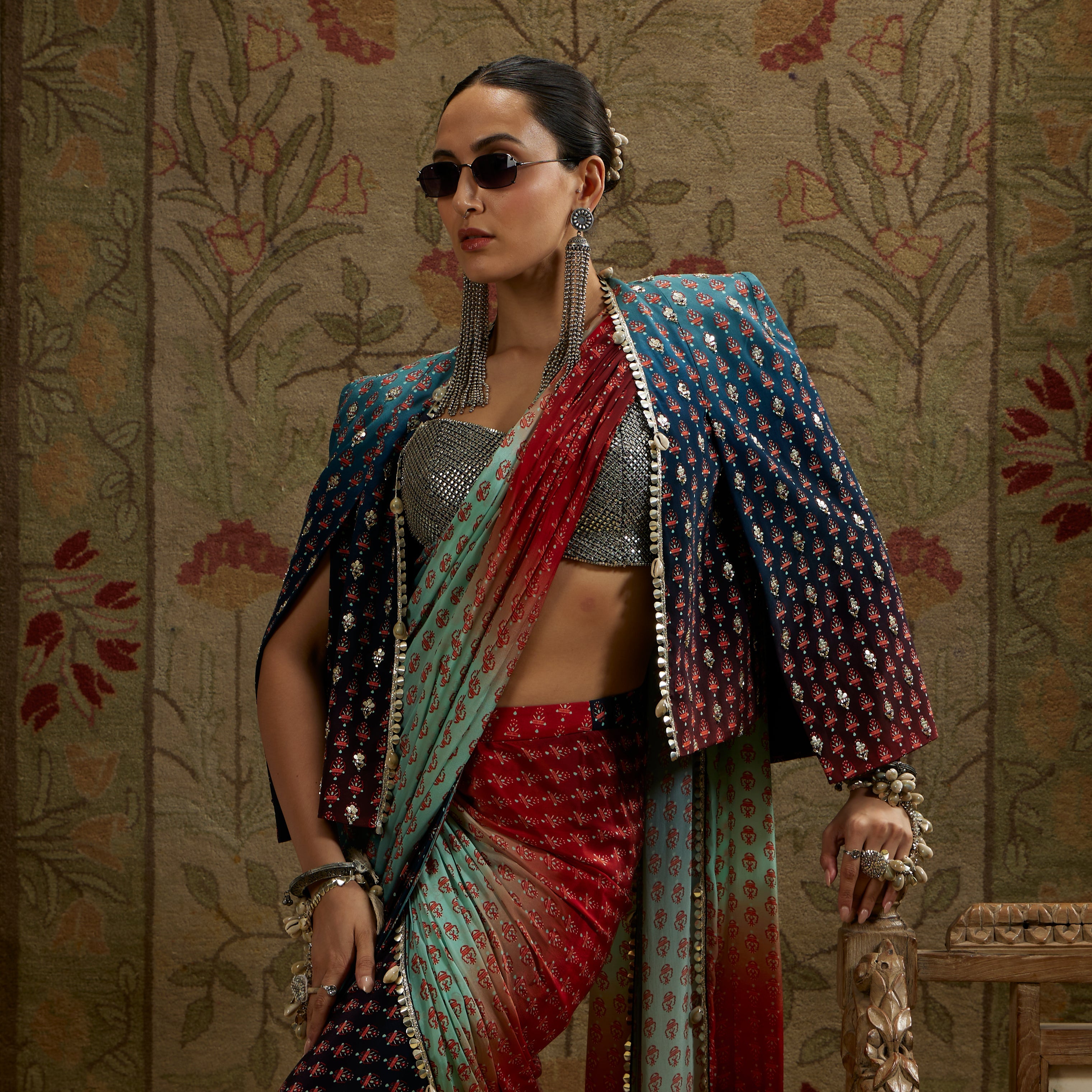 Red & Blue Ombre Print Cascade Saree With Metal Embellished Bustier