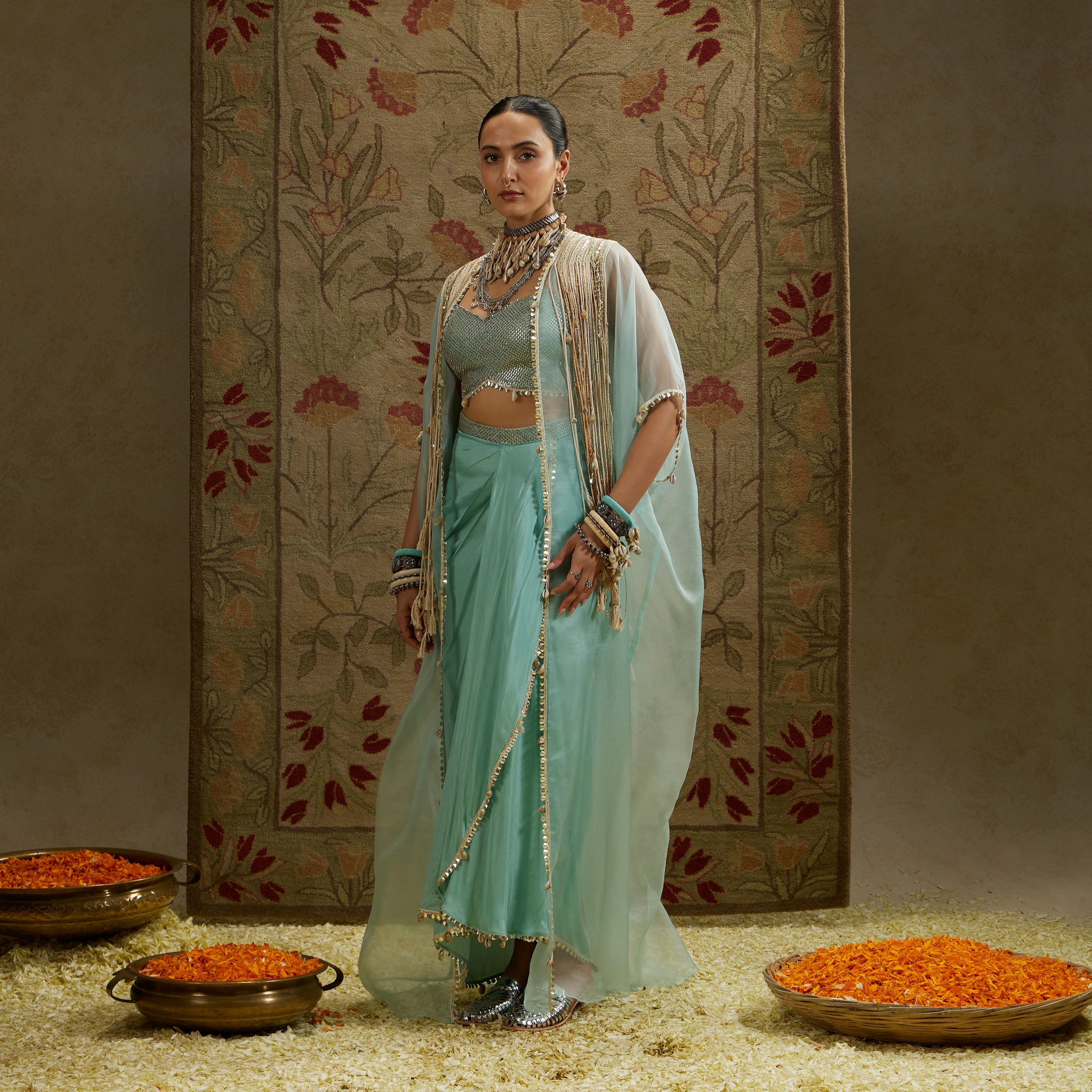 Teal Blue Thread Tassle Cape Paired With Metal Embellished Bustier And Drape Skirt