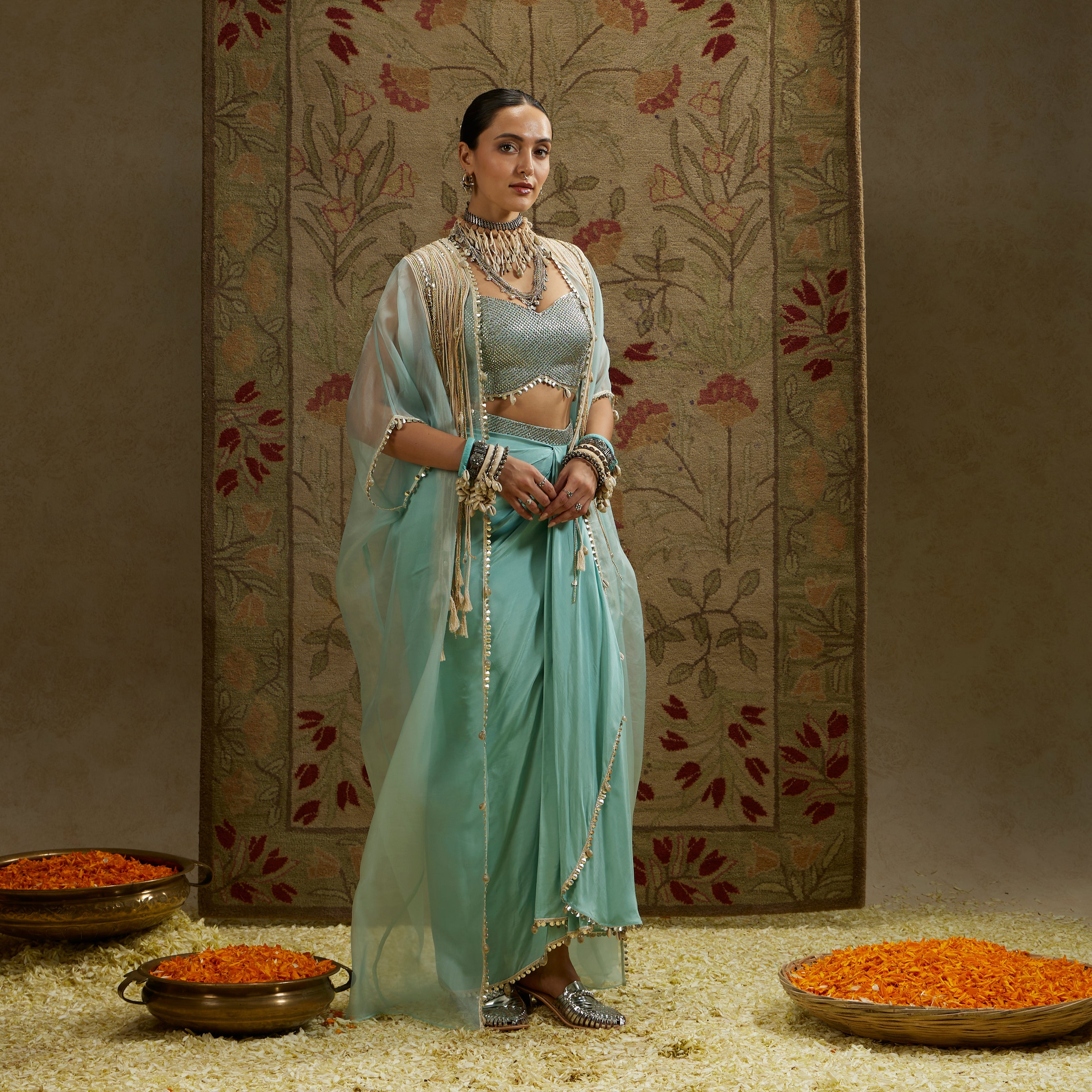 Teal Blue Thread Tassle Cape Paired With Metal Embellished Bustier And Drape Skirt