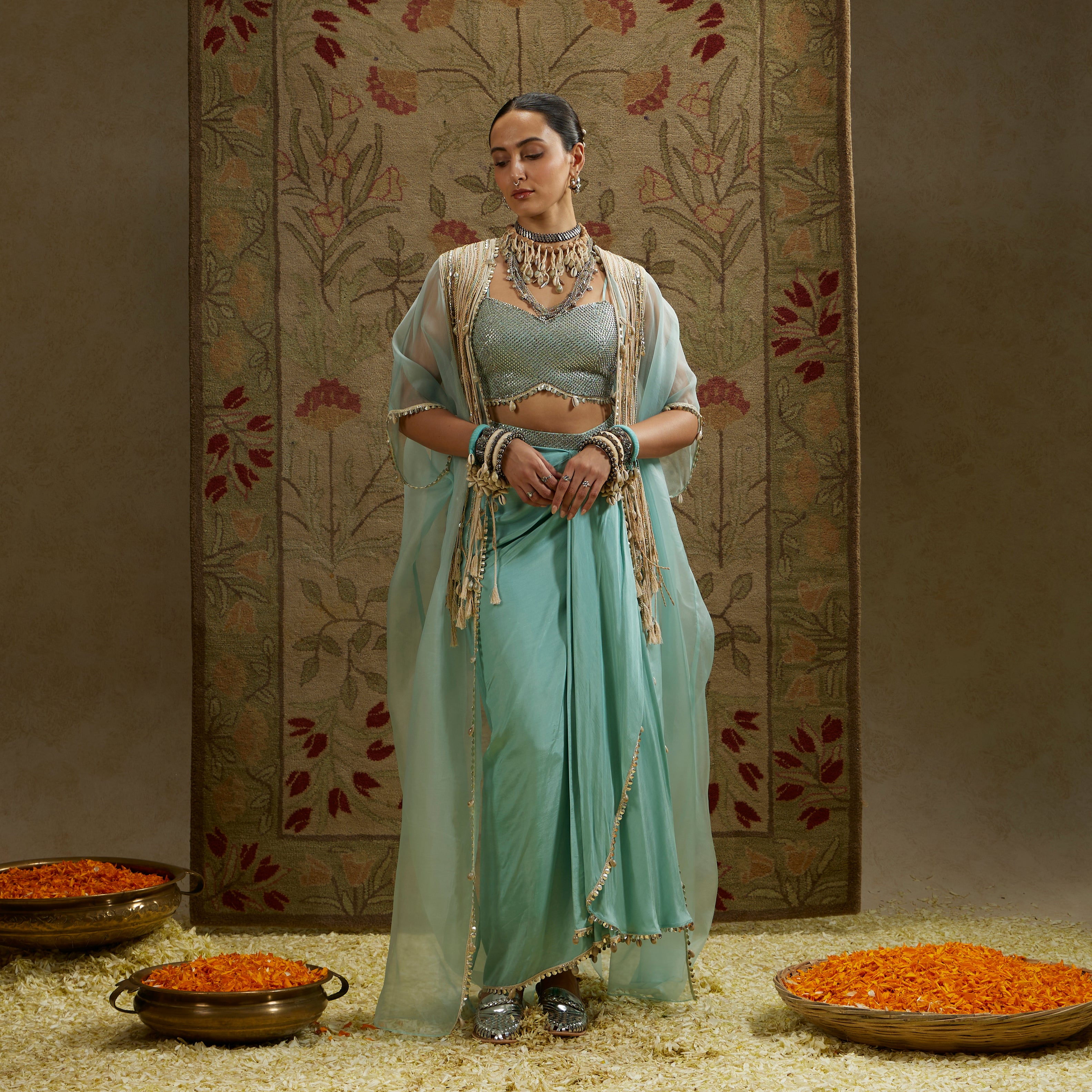 Teal Blue Thread Tassle Cape Paired With Metal Embellished Bustier And Drape Skirt