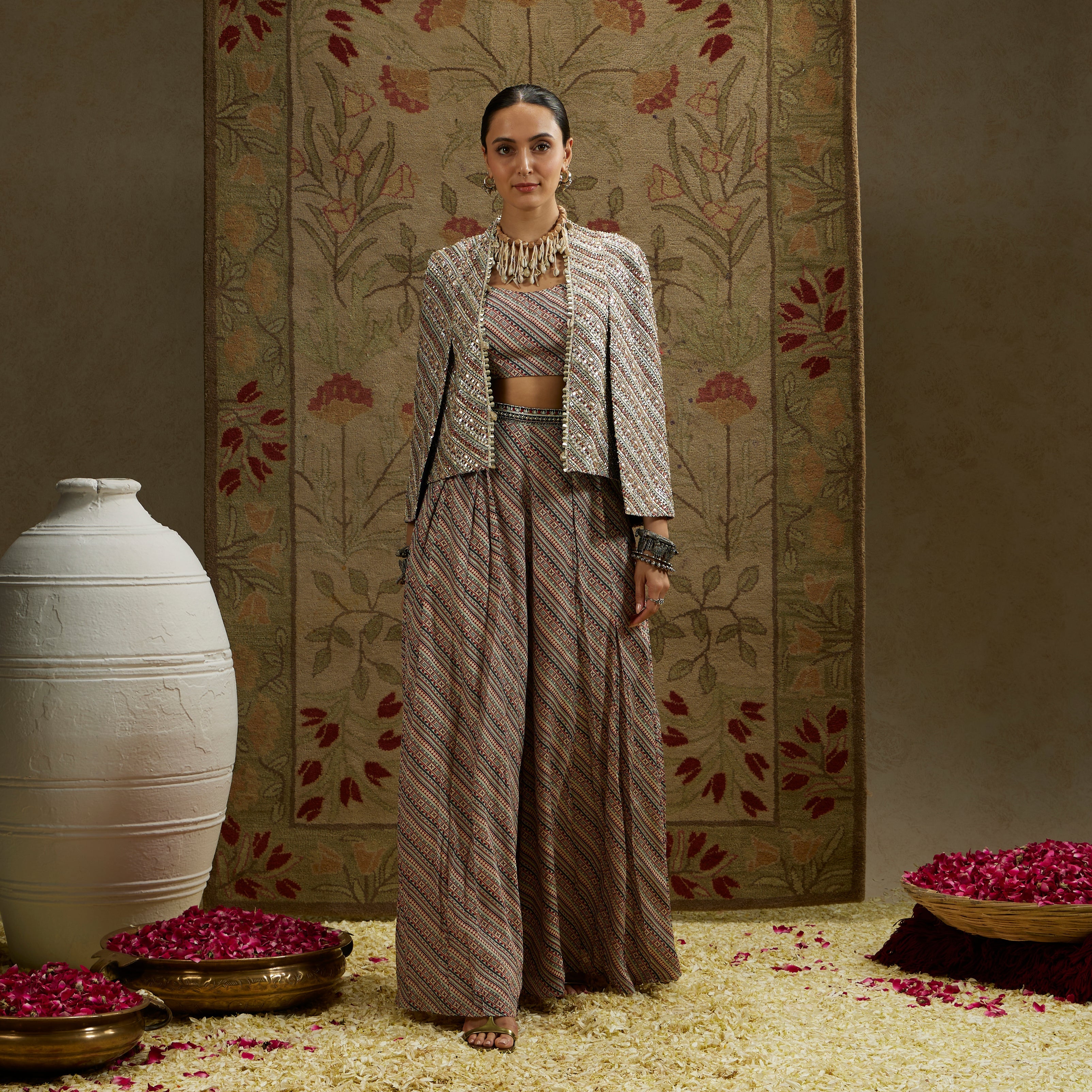 Beige Boho Stripe Print Cape Jacket Set Paired With Flared Pleated Pants And Bustier