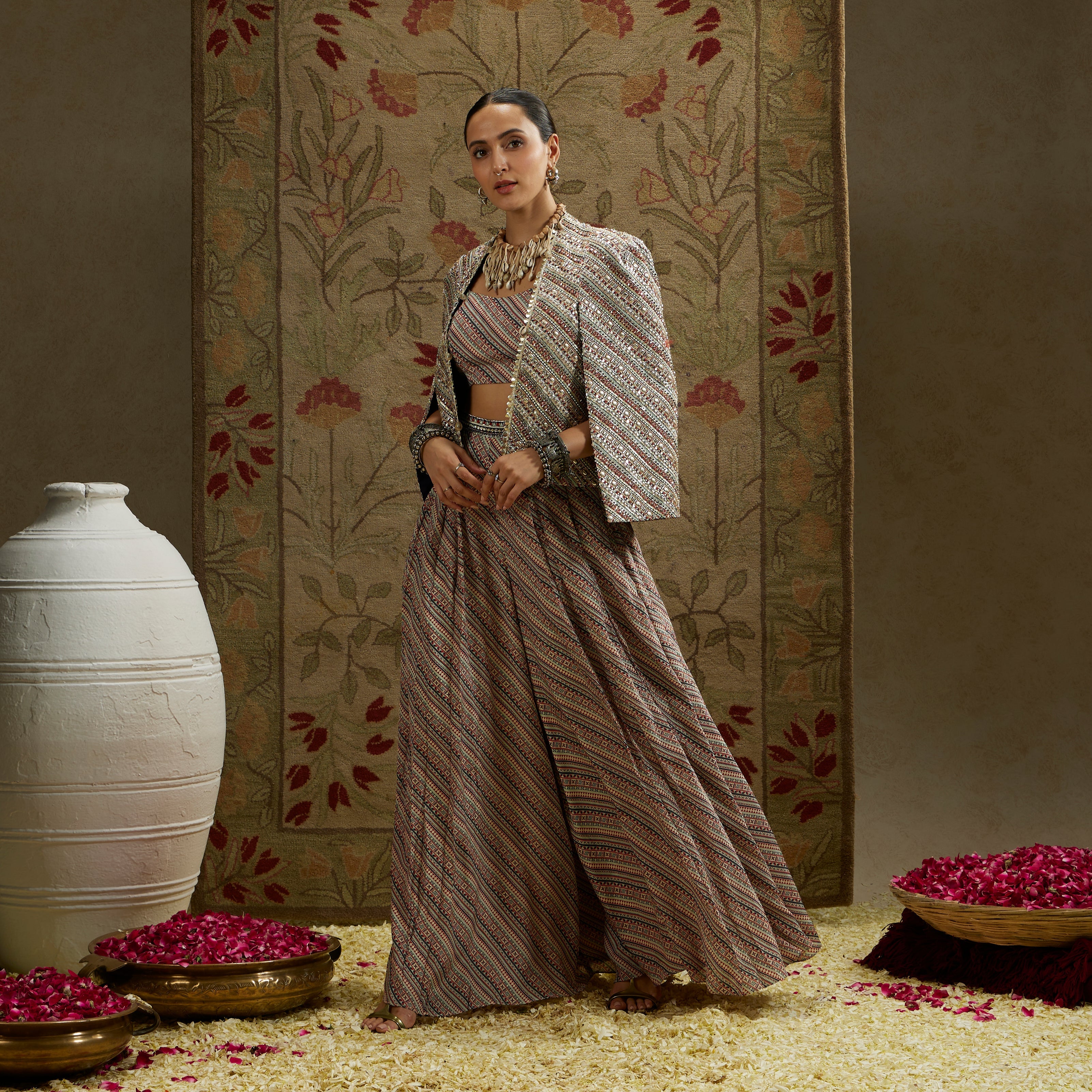Beige Boho Stripe Print Cape Jacket Set Paired With Flared Pleated Pants And Bustier
