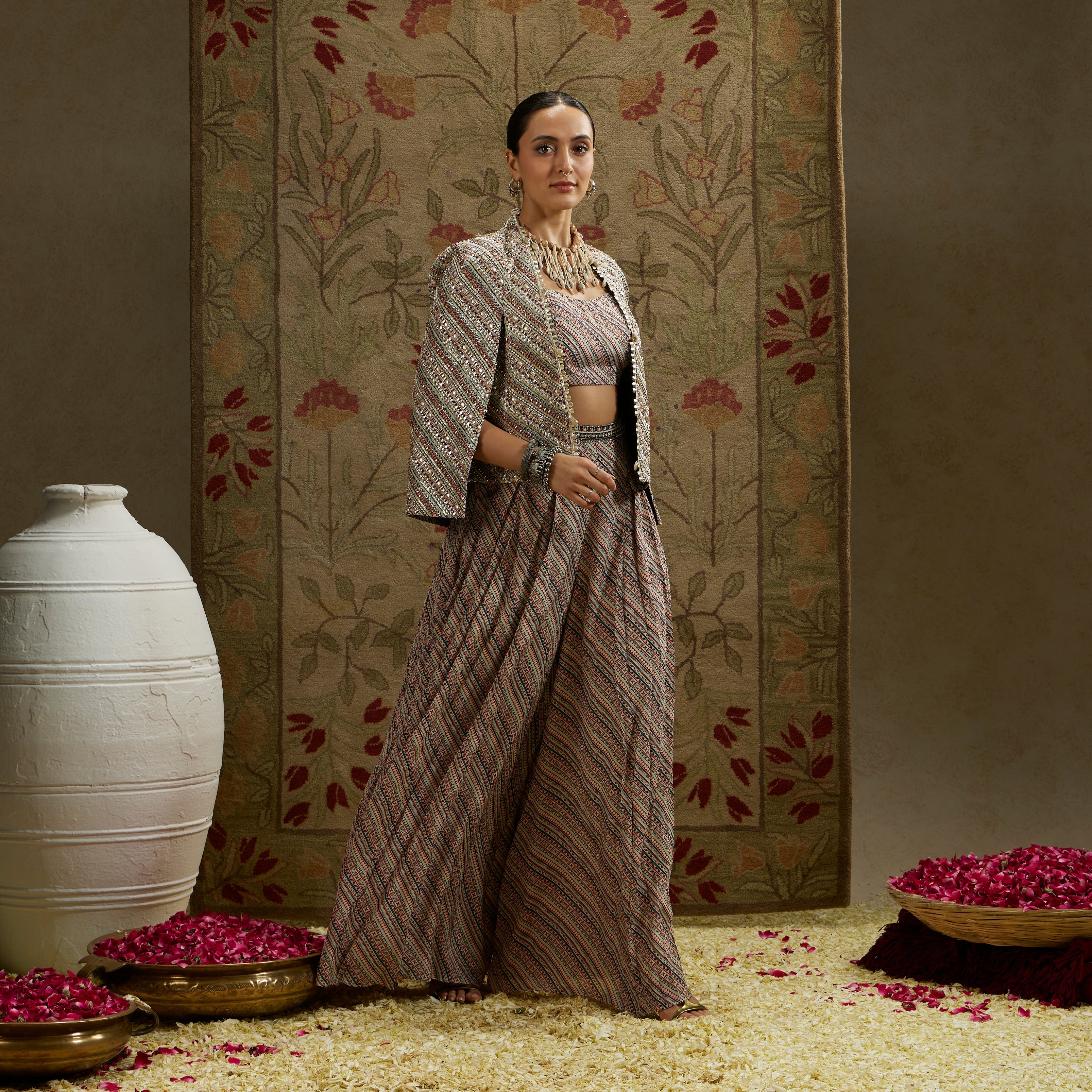 Beige Boho Stripe Print Cape Jacket Set Paired With Flared Pleated Pants And Bustier