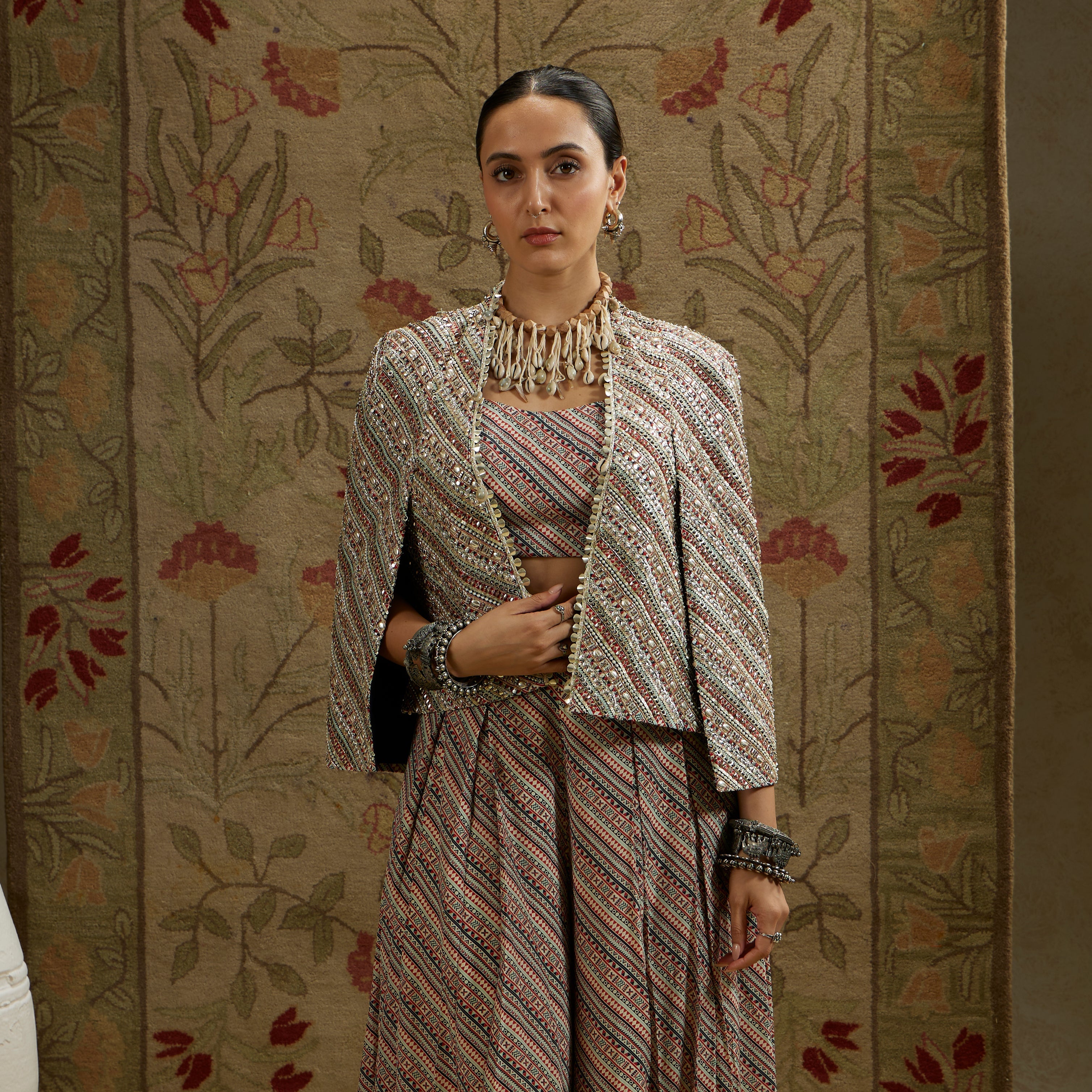 Beige Boho Stripe Print Cape Jacket Set Paired With Flared Pleated Pants And Bustier