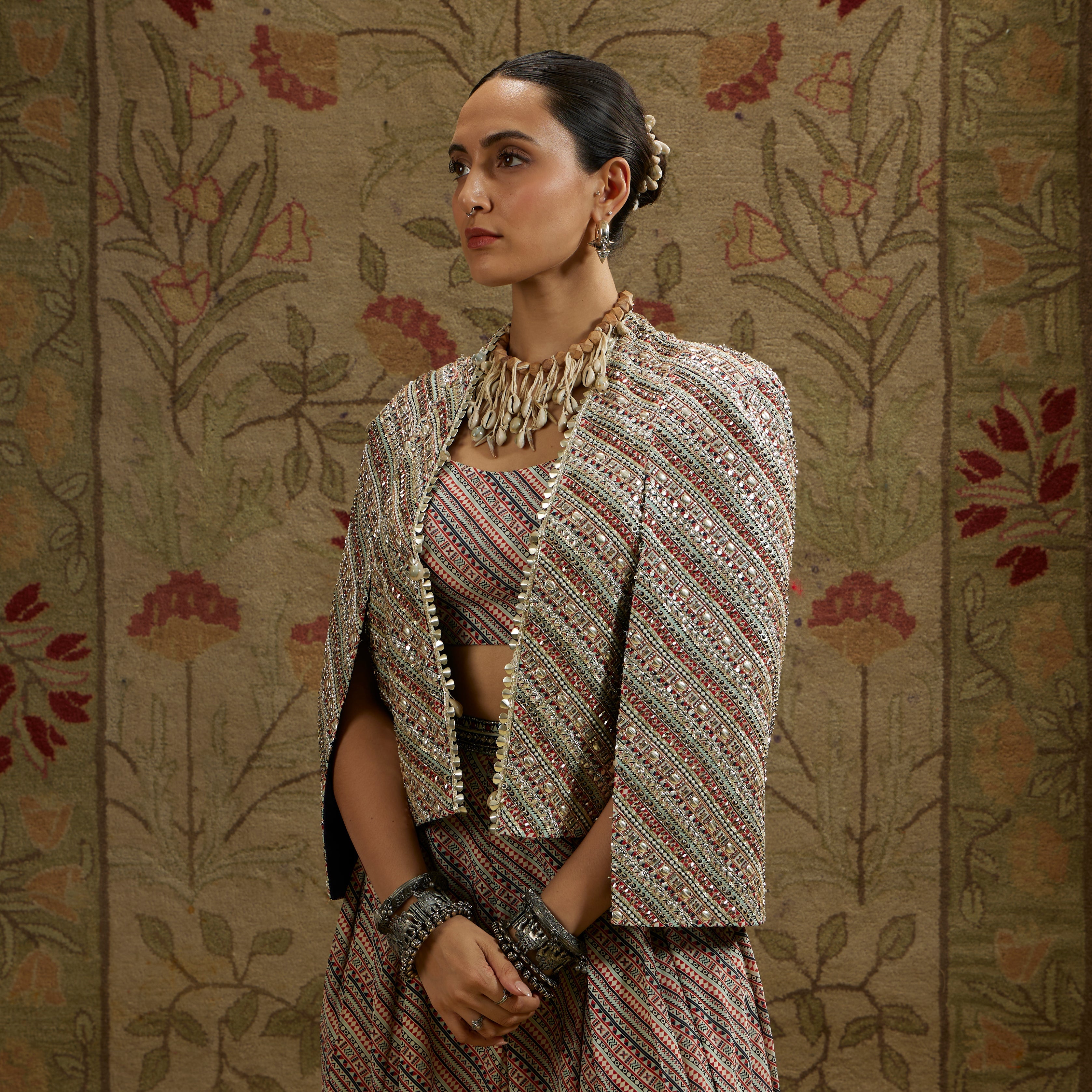 Beige Boho Stripe Print Cape Jacket Set Paired With Flared Pleated Pants And Bustier