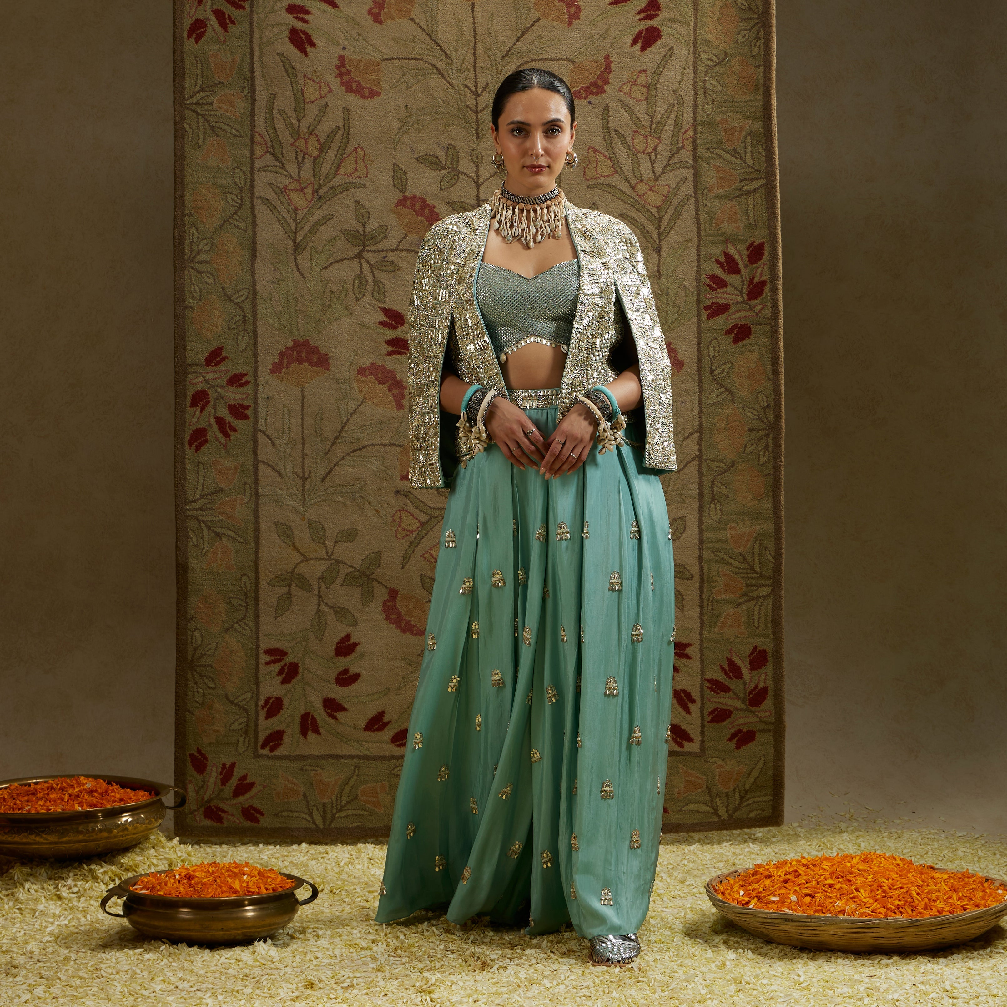 Metallic Noor Jacket Paired With Metallic Bustier And Embellished Pleated Pants