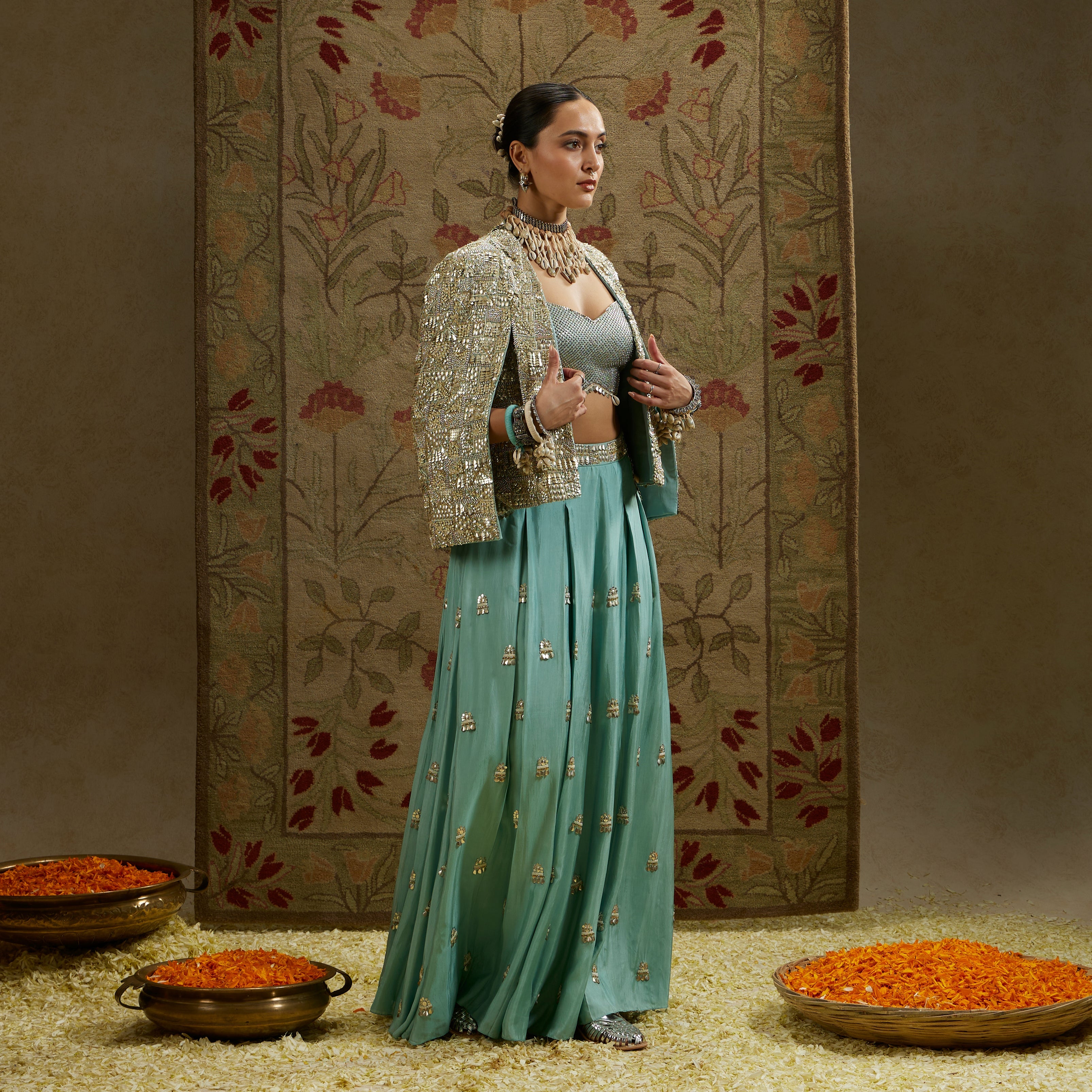 Metallic Noor Jacket Paired With Metallic Bustier And Embellished Pleated Pants