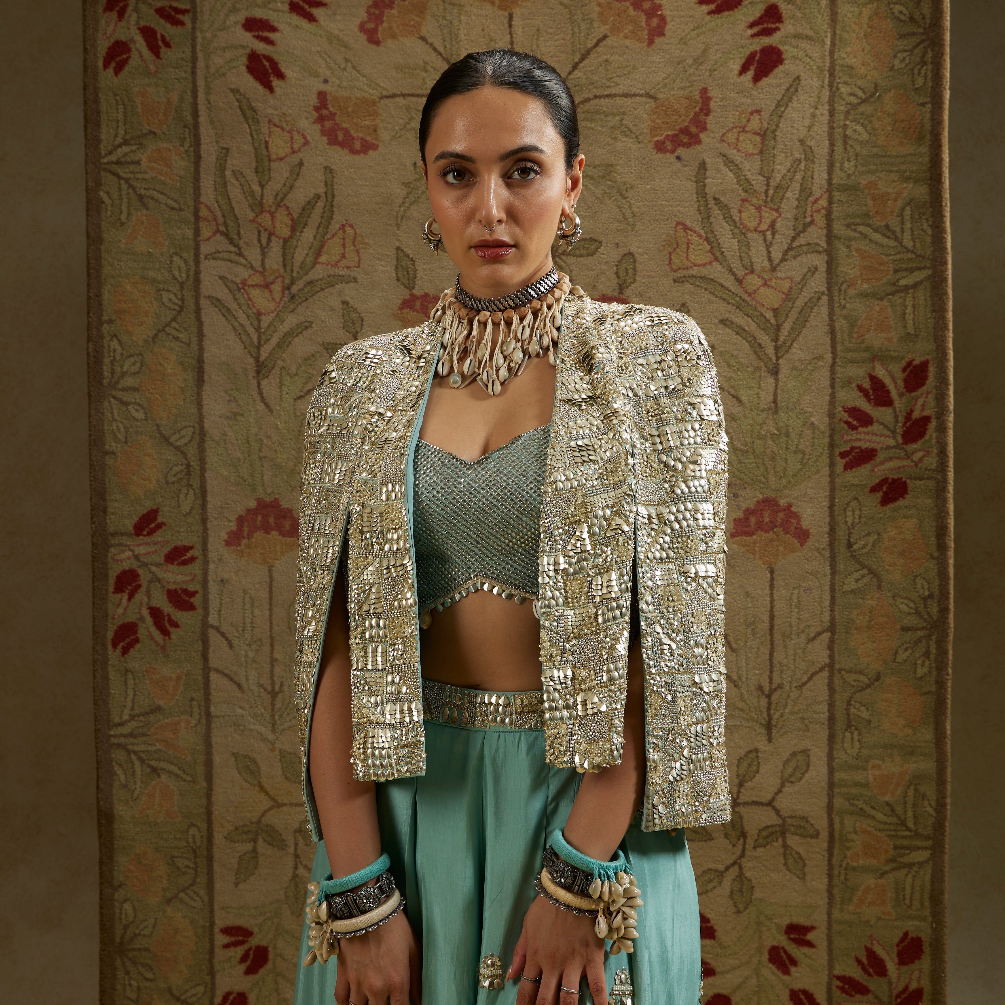 Metallic Noor Jacket Paired With Metallic Bustier And Embellished Pleated Pants