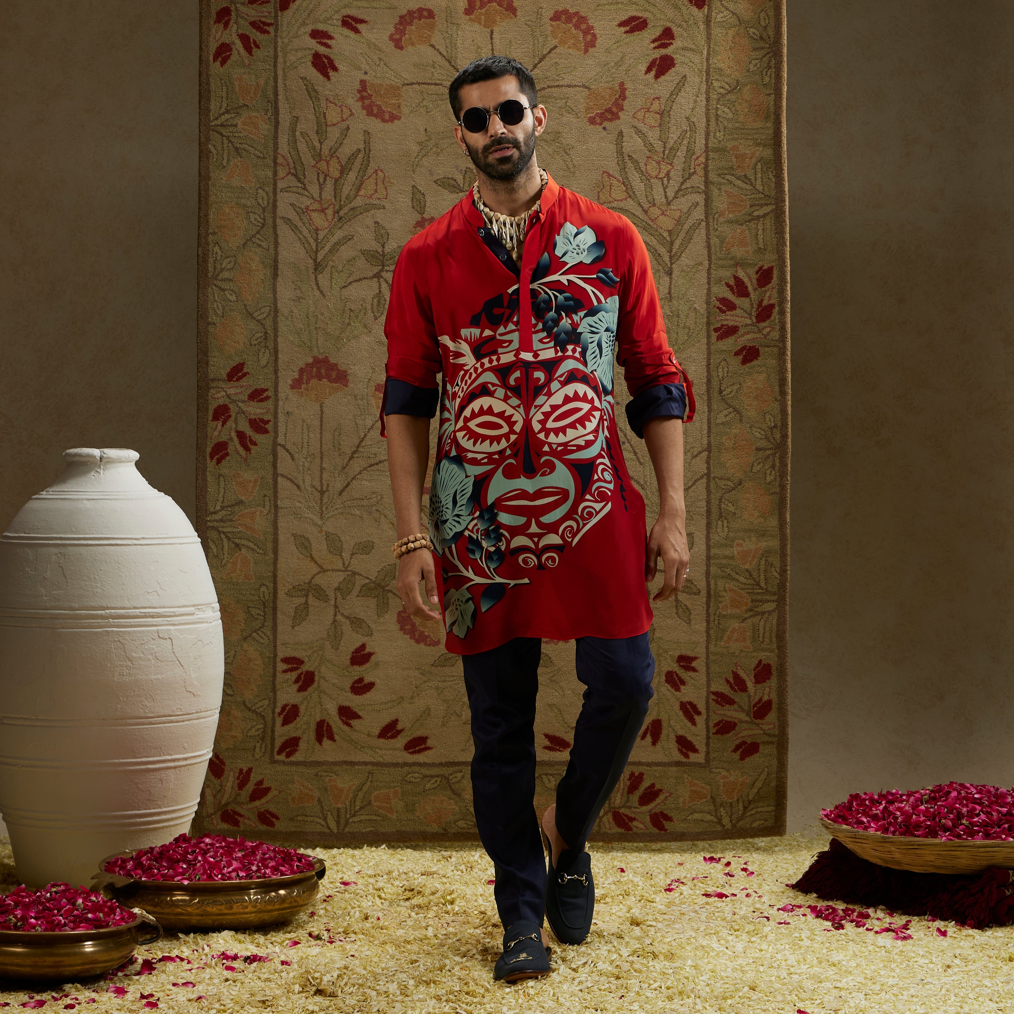 Red Mask Print Rolled Up Sleeves
