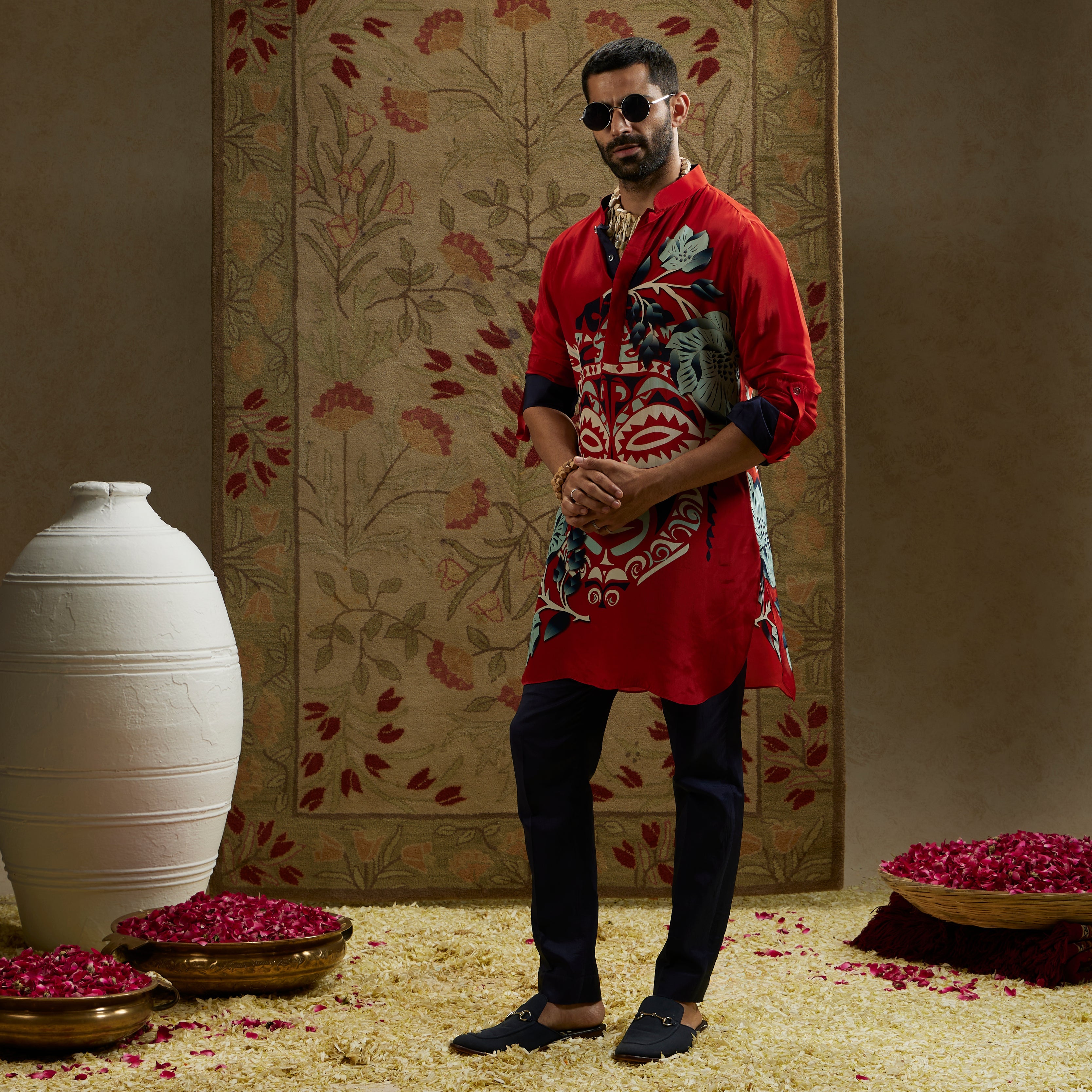 Red Mask Print Rolled Up Sleeves