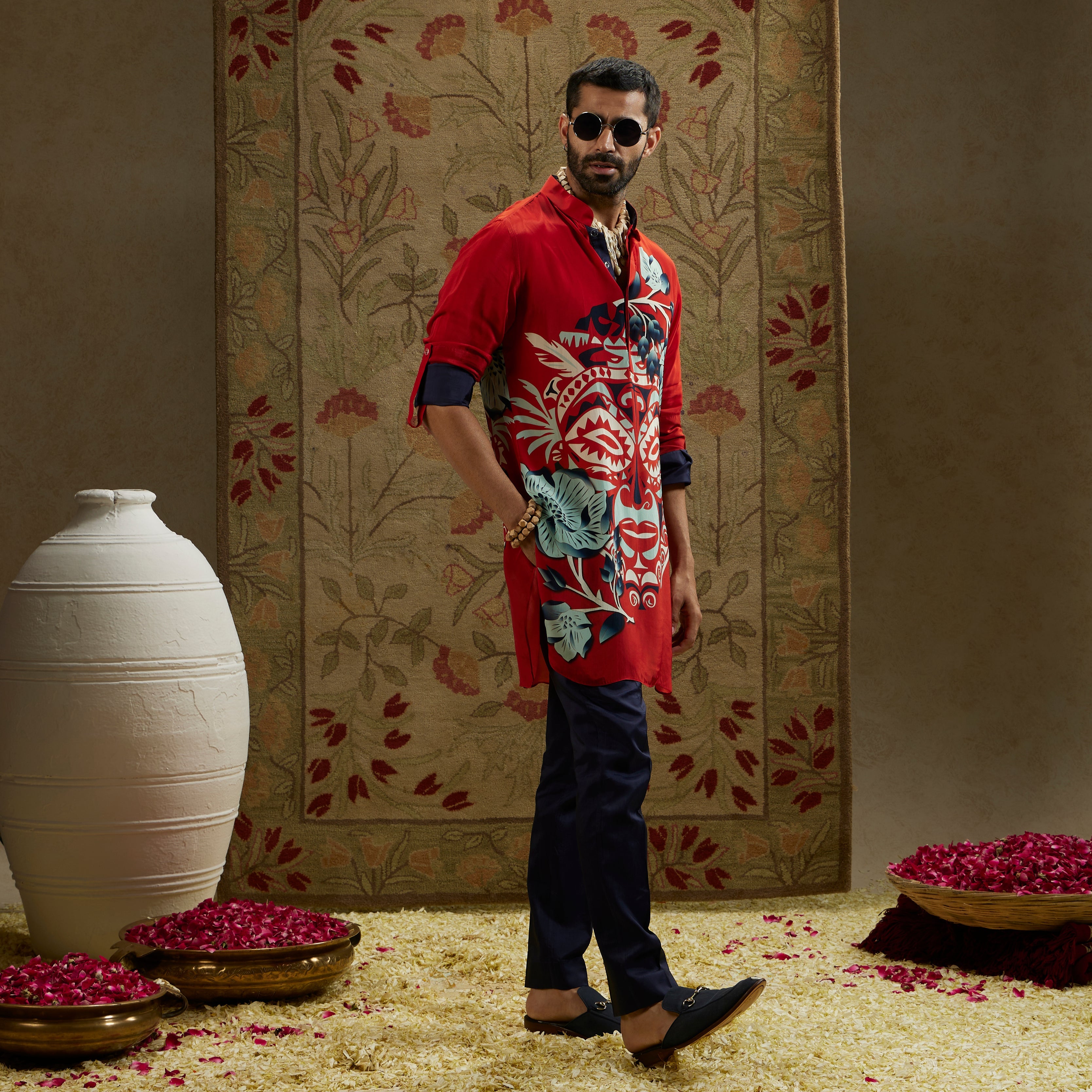 Red Mask Print Rolled Up Sleeves