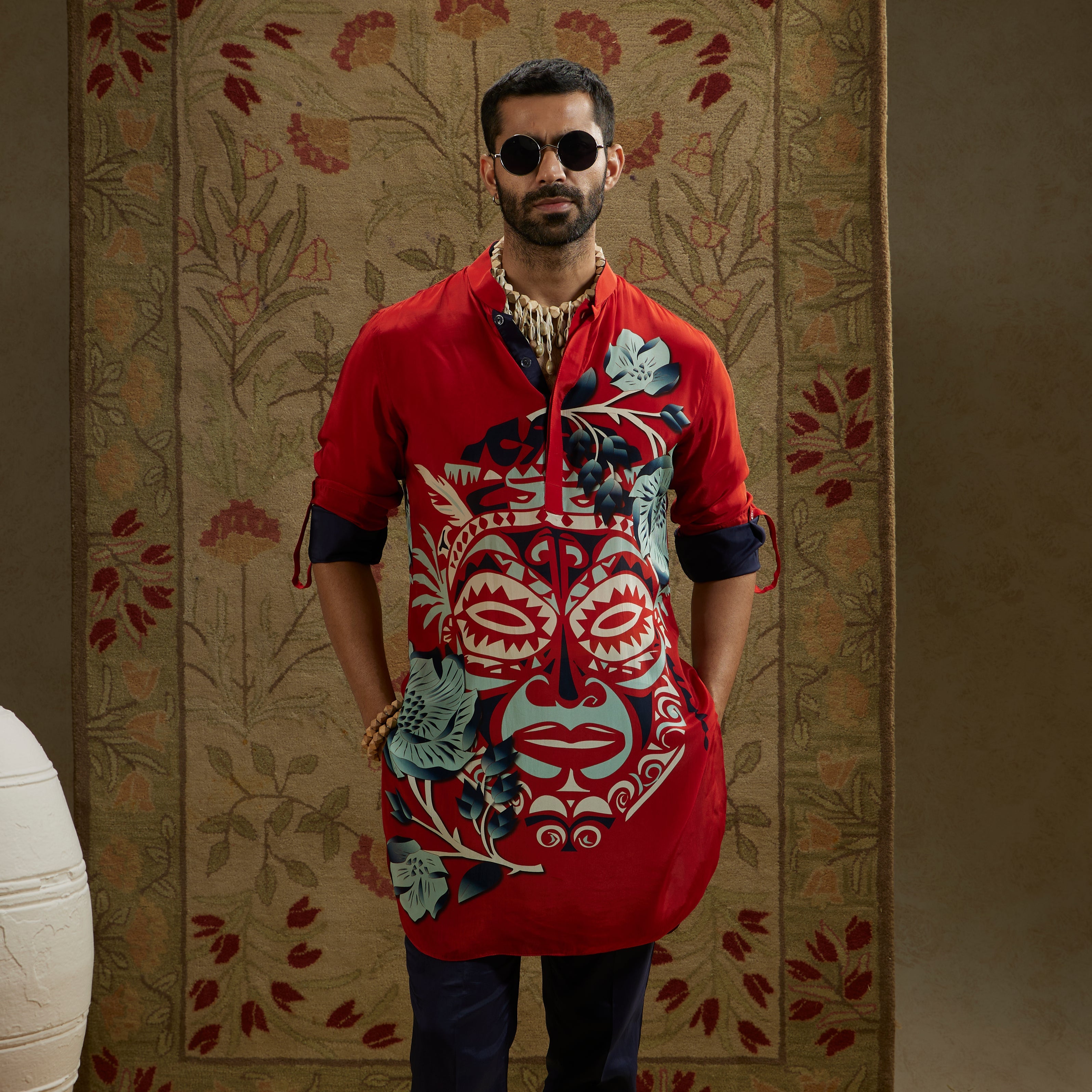 Red Mask Print Rolled Up Sleeves