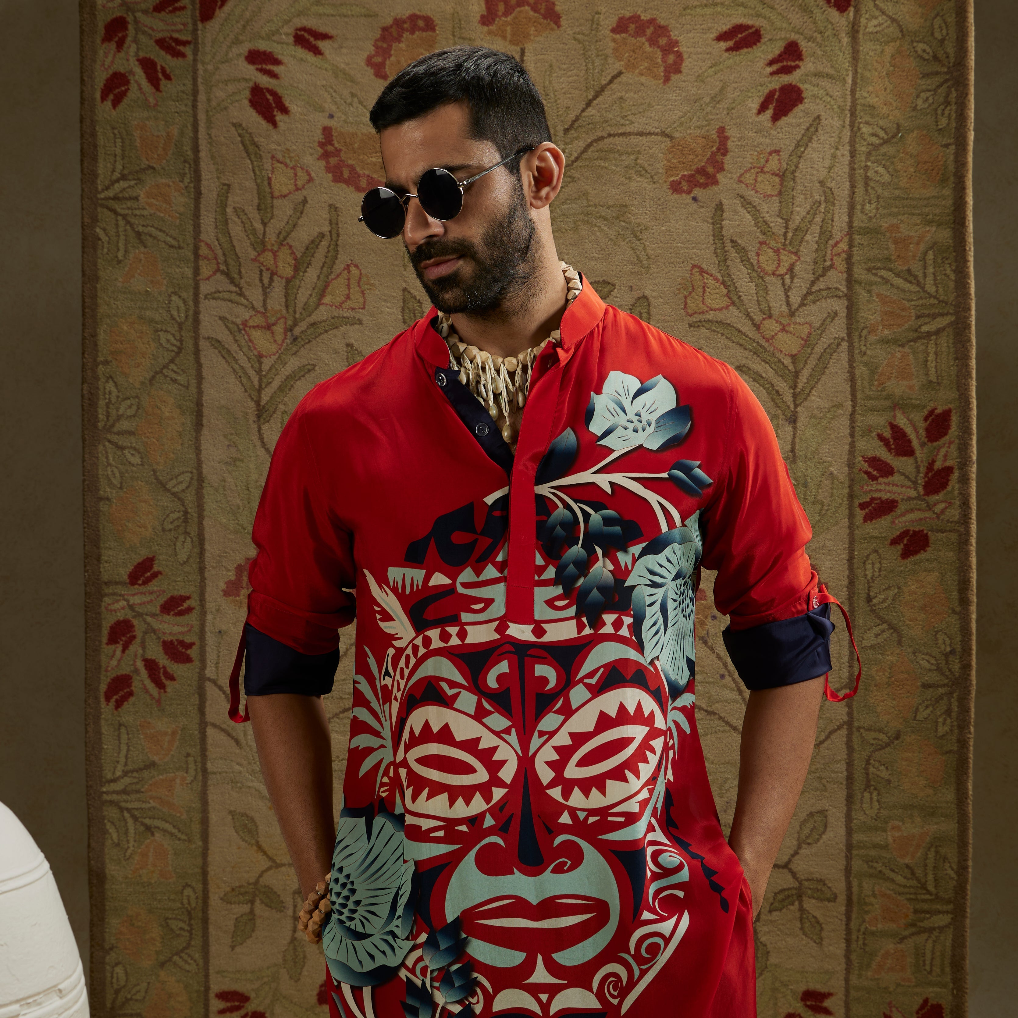 Red Mask Print Rolled Up Sleeves