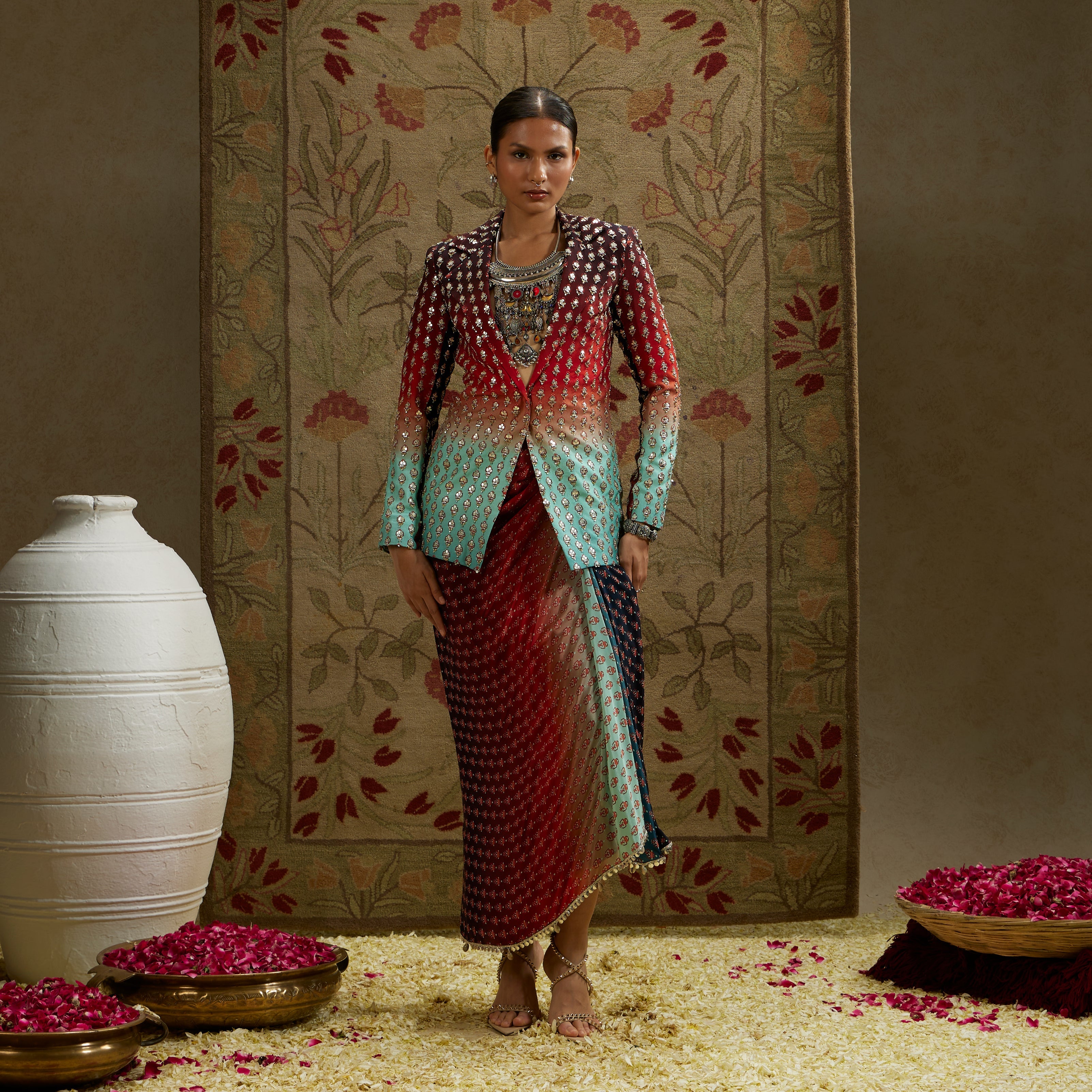 Red Blue Ombre Print Embellished Blazer Paired With Drape Skirt