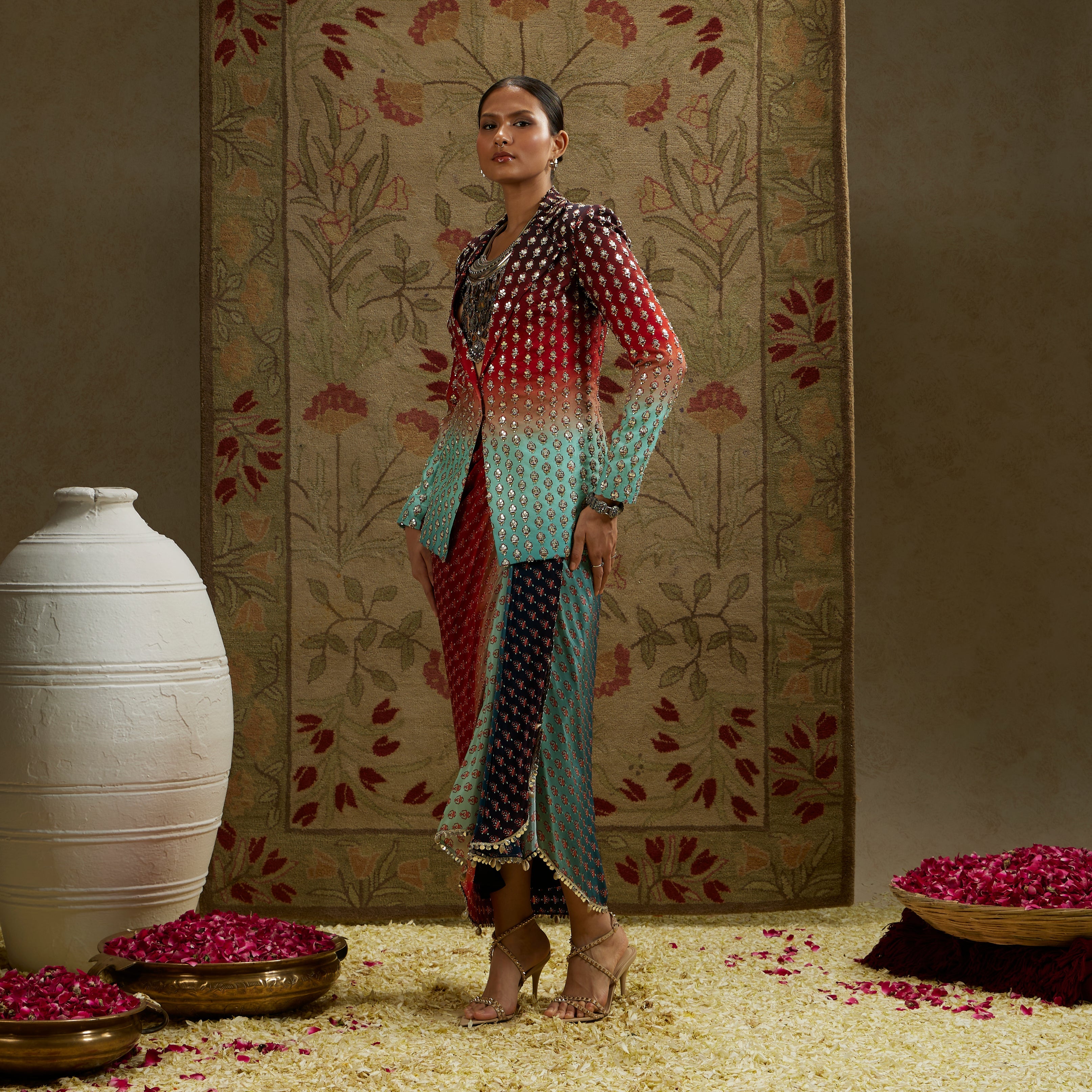 Red Blue Ombre Print Embellished Blazer Paired With Drape Skirt