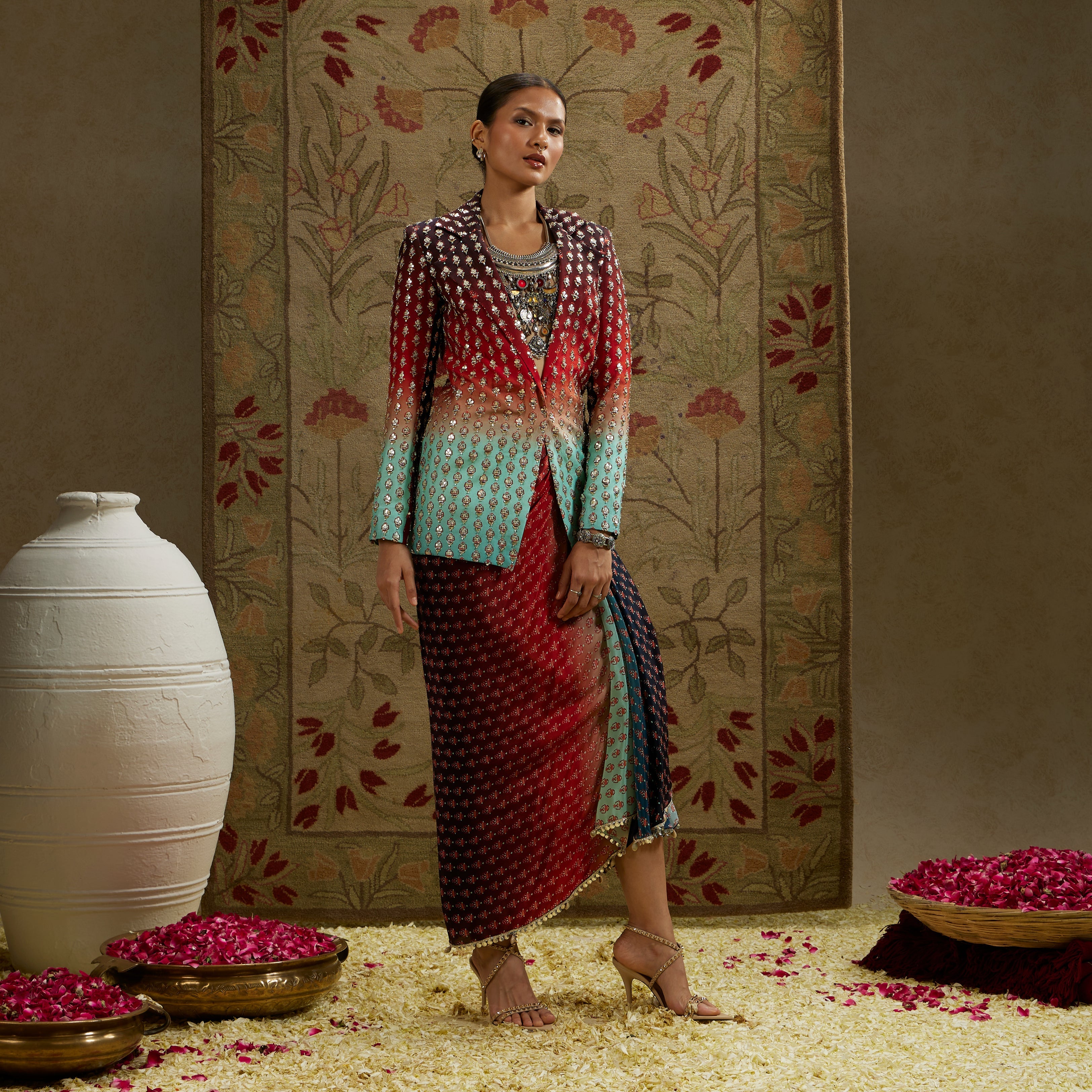 Red Blue Ombre Print Embellished Blazer Paired With Drape Skirt