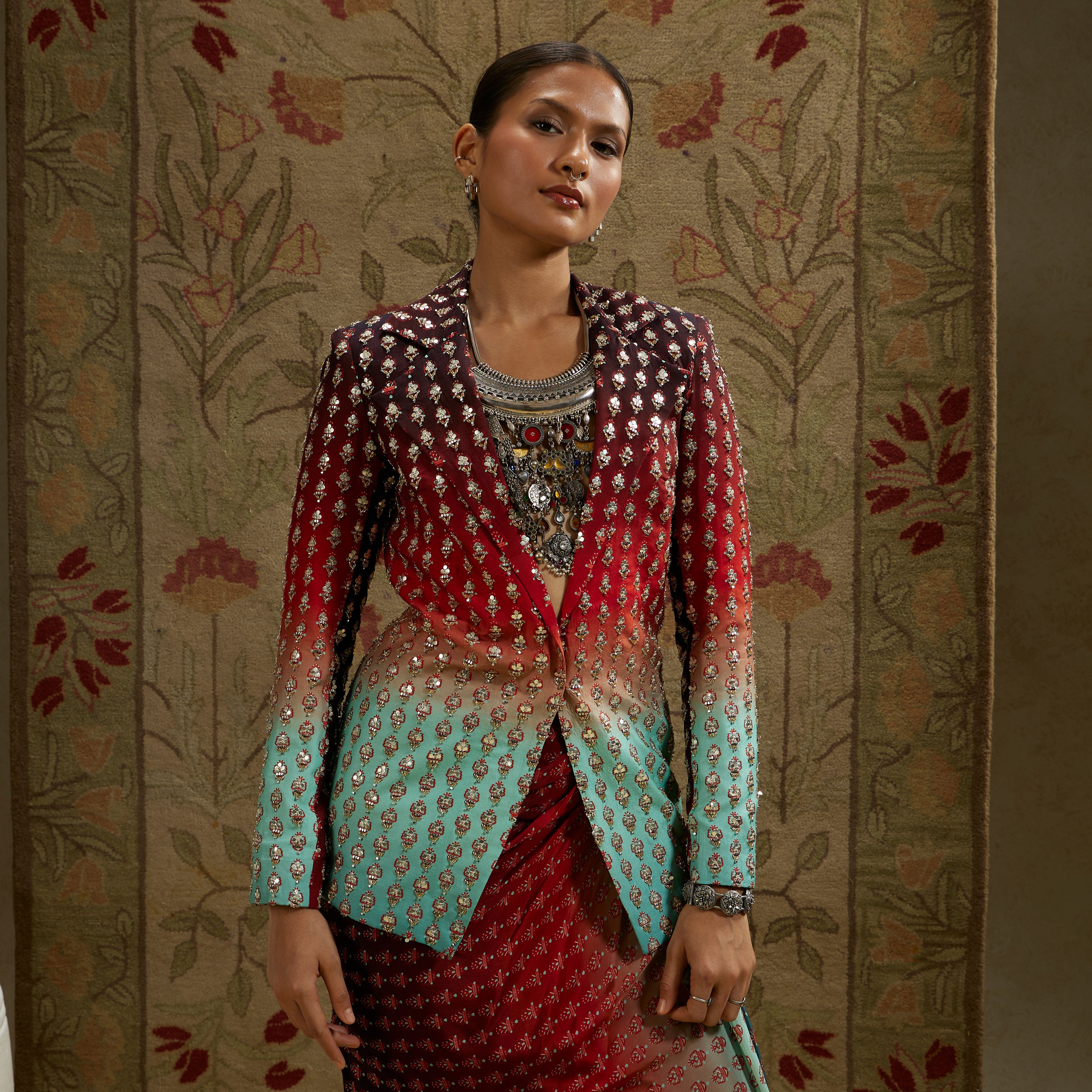 Red Blue Ombre Print Embellished Blazer Paired With Drape Skirt