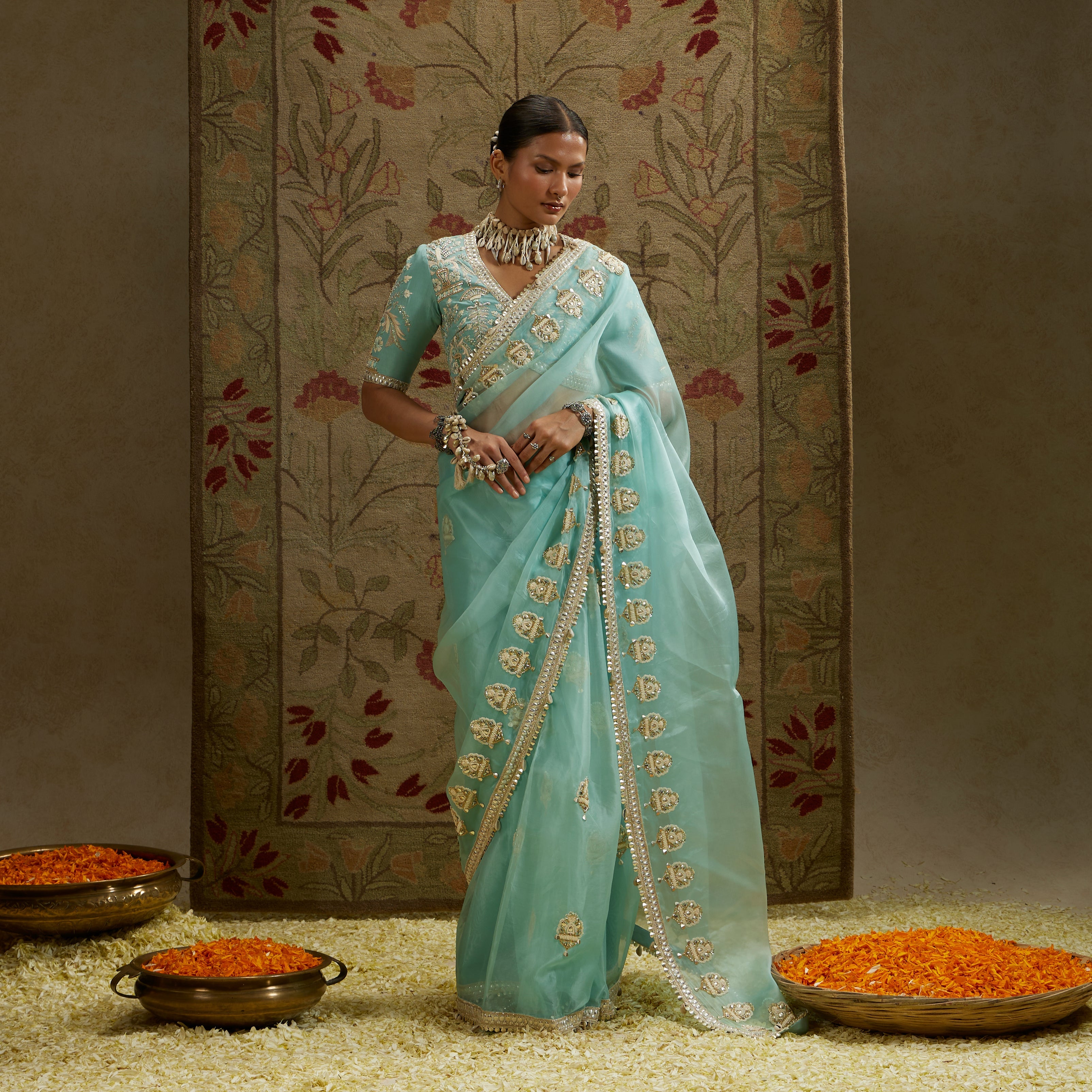 Teal Blue Organza Embellished Saree Paired With Embellished Blouse
