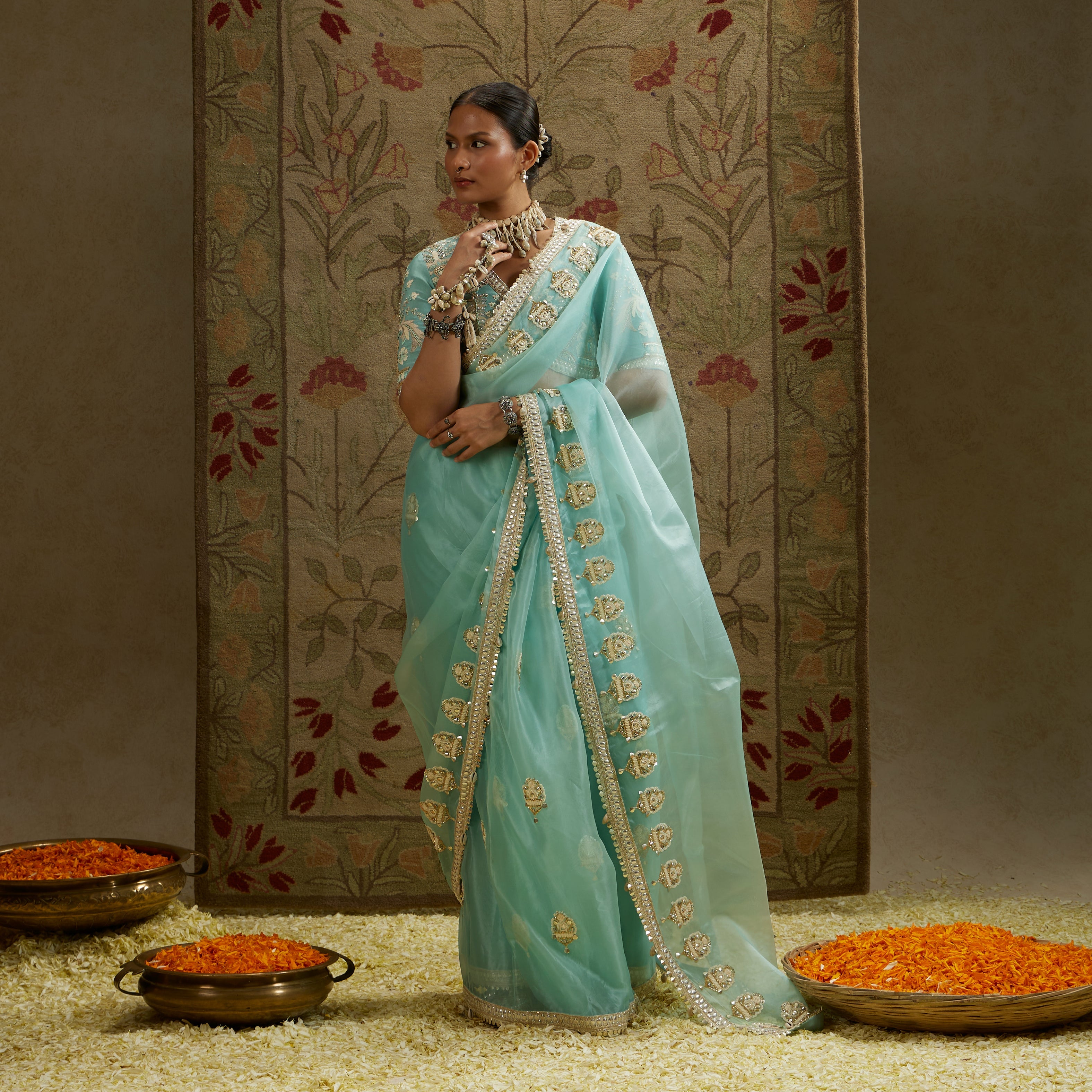 Teal Blue Organza Embellished Saree Paired With Embellished Blouse