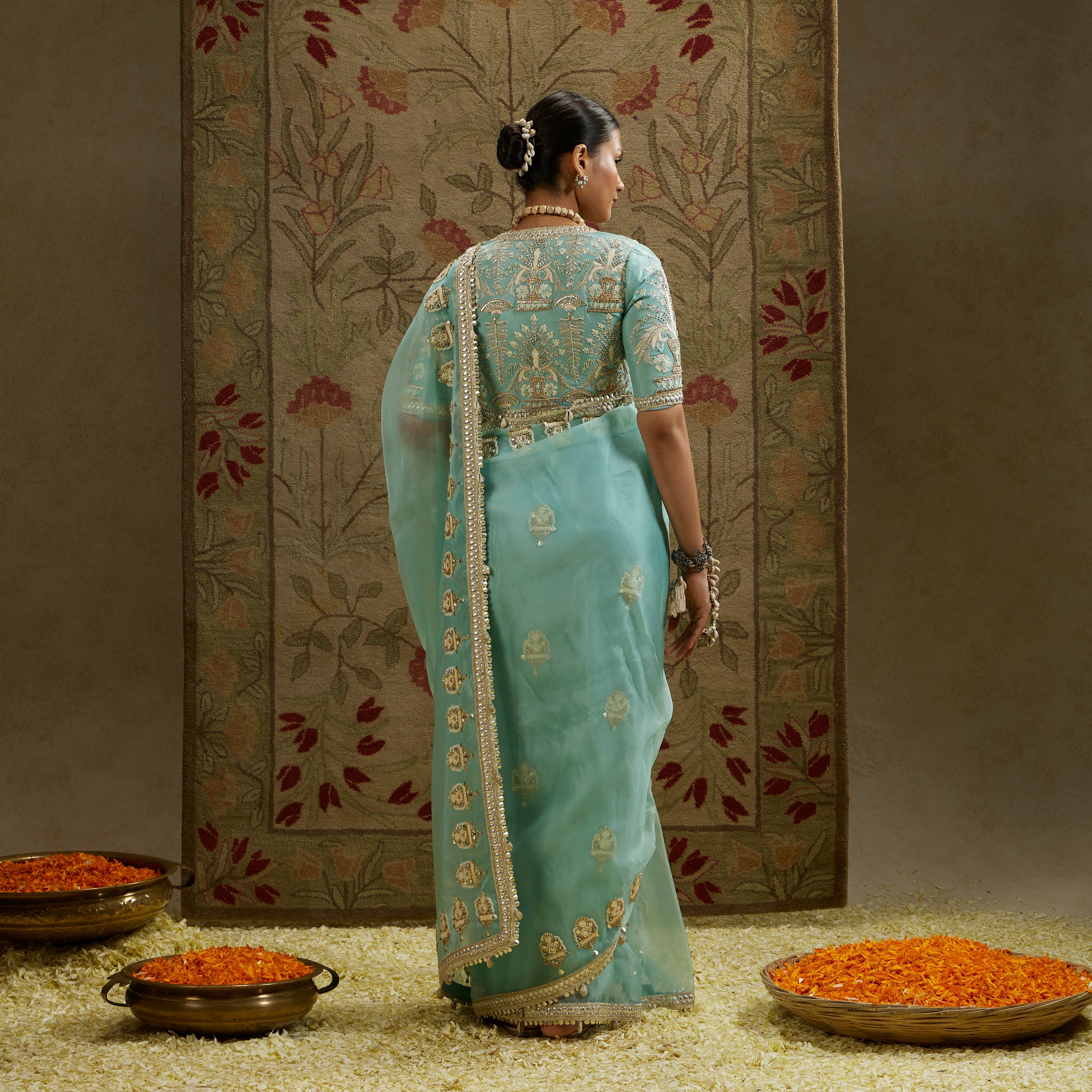 Teal Blue Organza Embellished Saree Paired With Embellished Blouse