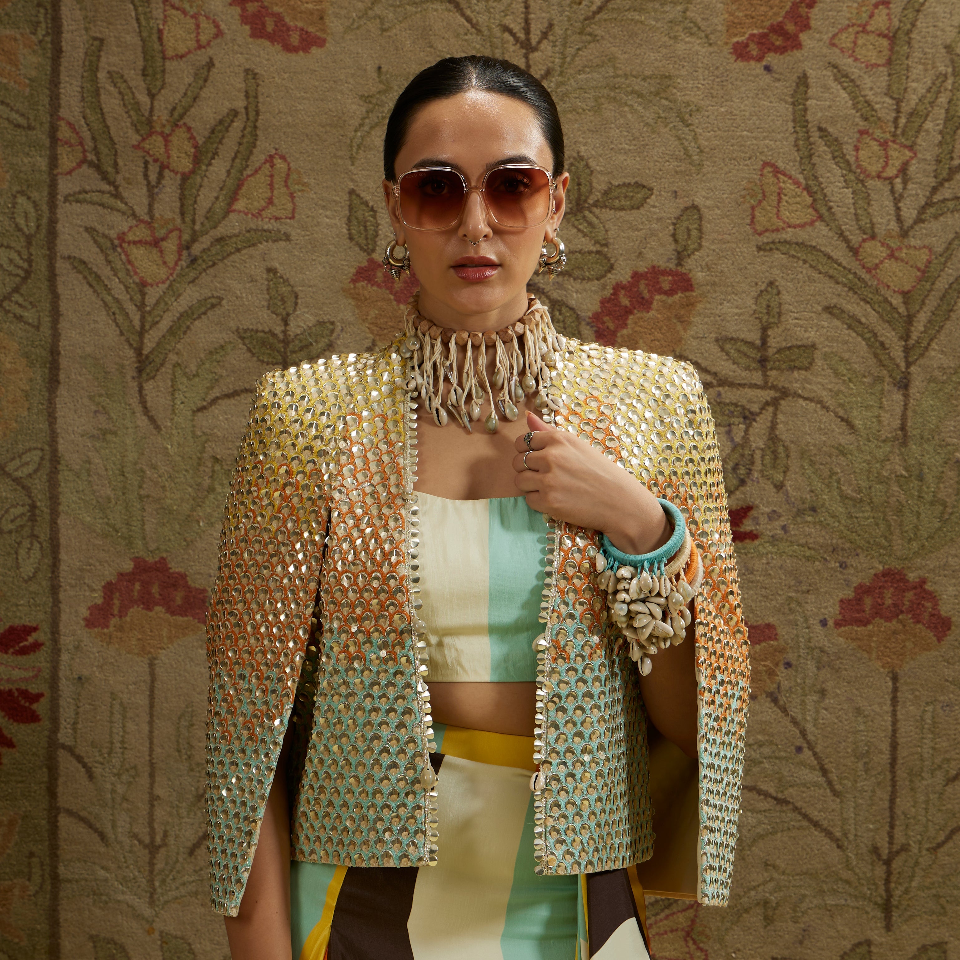 Multi Colored Metallic Noor Jacket Paired With Stripe Printed Bustier And Skirt