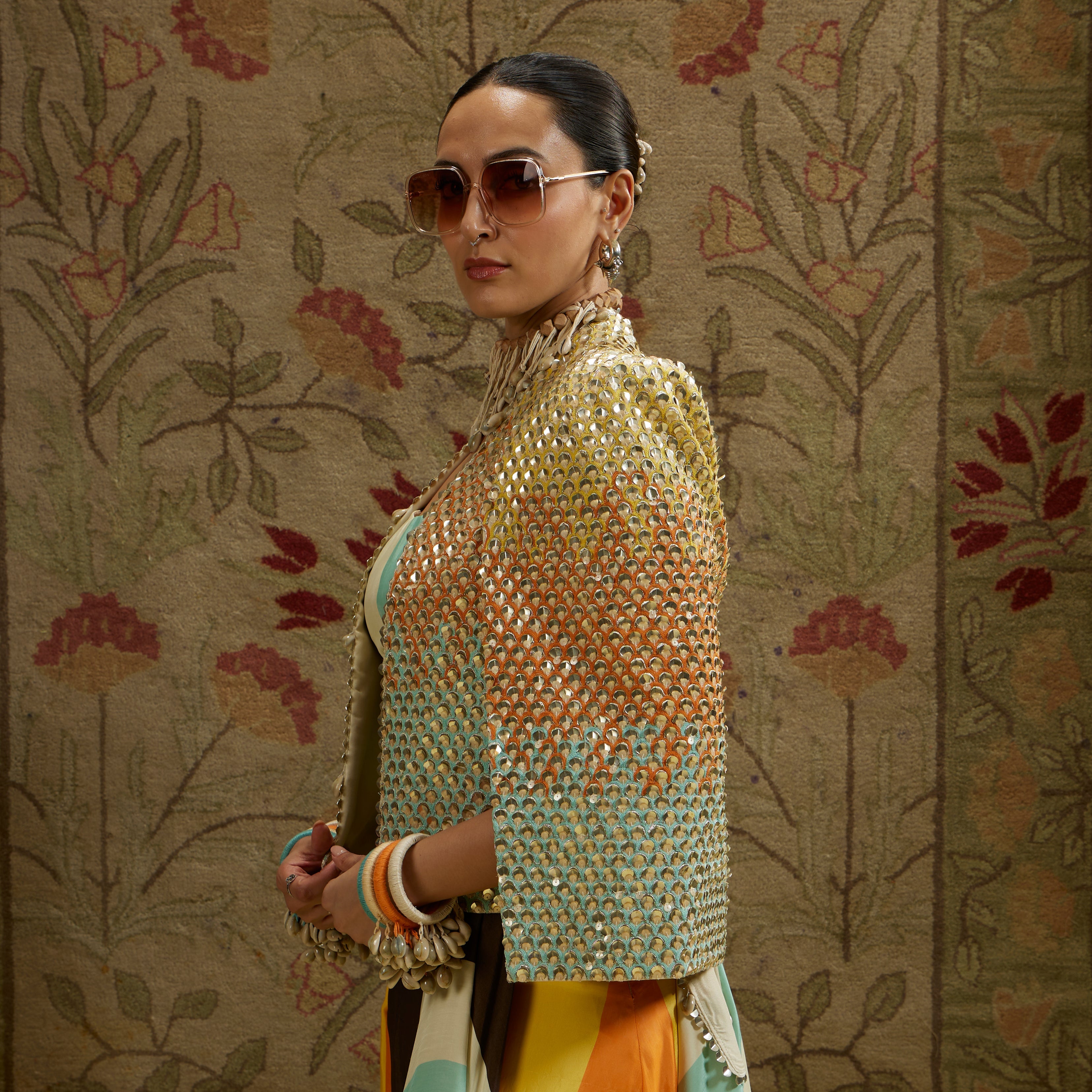 Multi Colored Metallic Noor Jacket Paired With Stripe Printed Bustier And Skirt