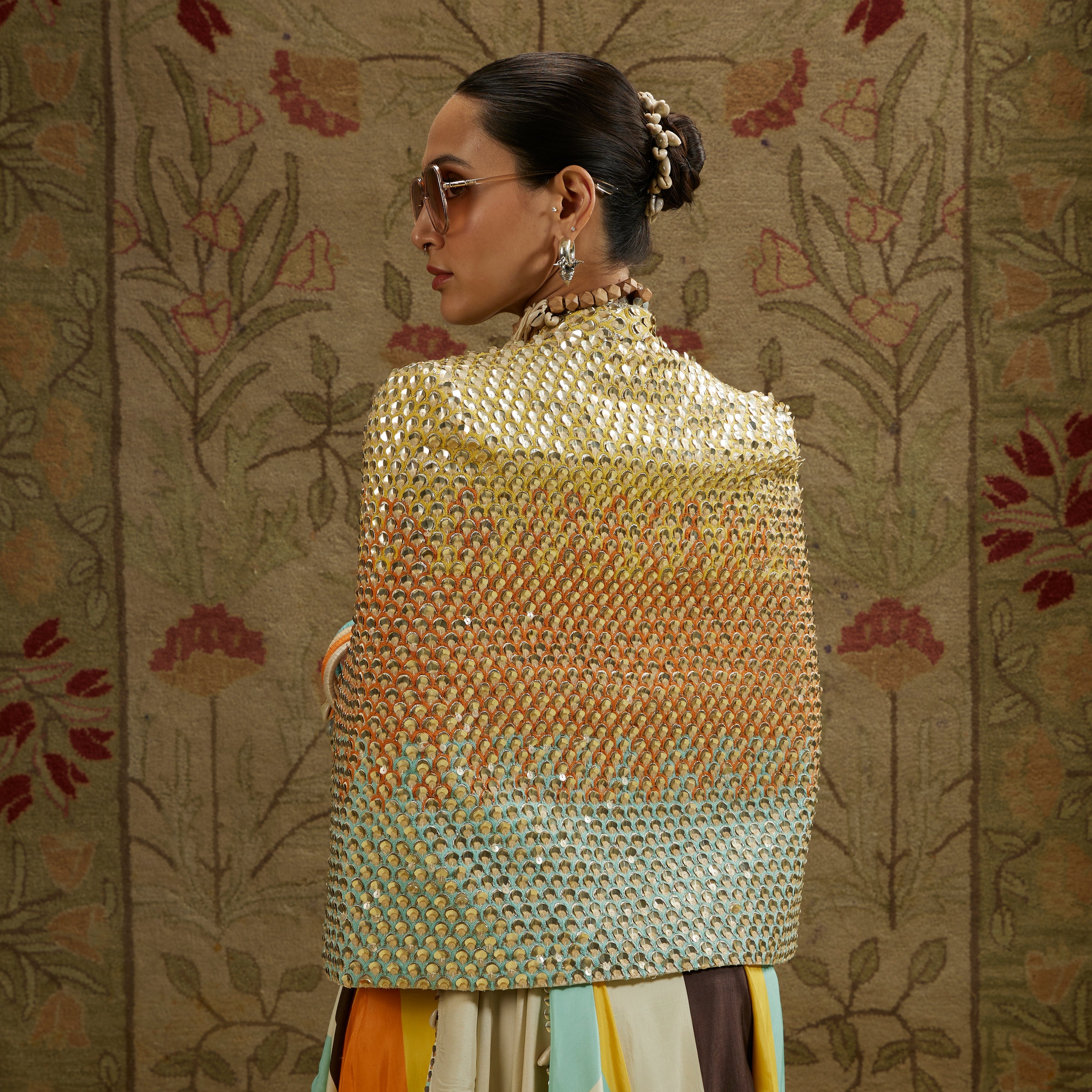 Multi Colored Metallic Noor Jacket Paired With Stripe Printed Bustier And Skirt