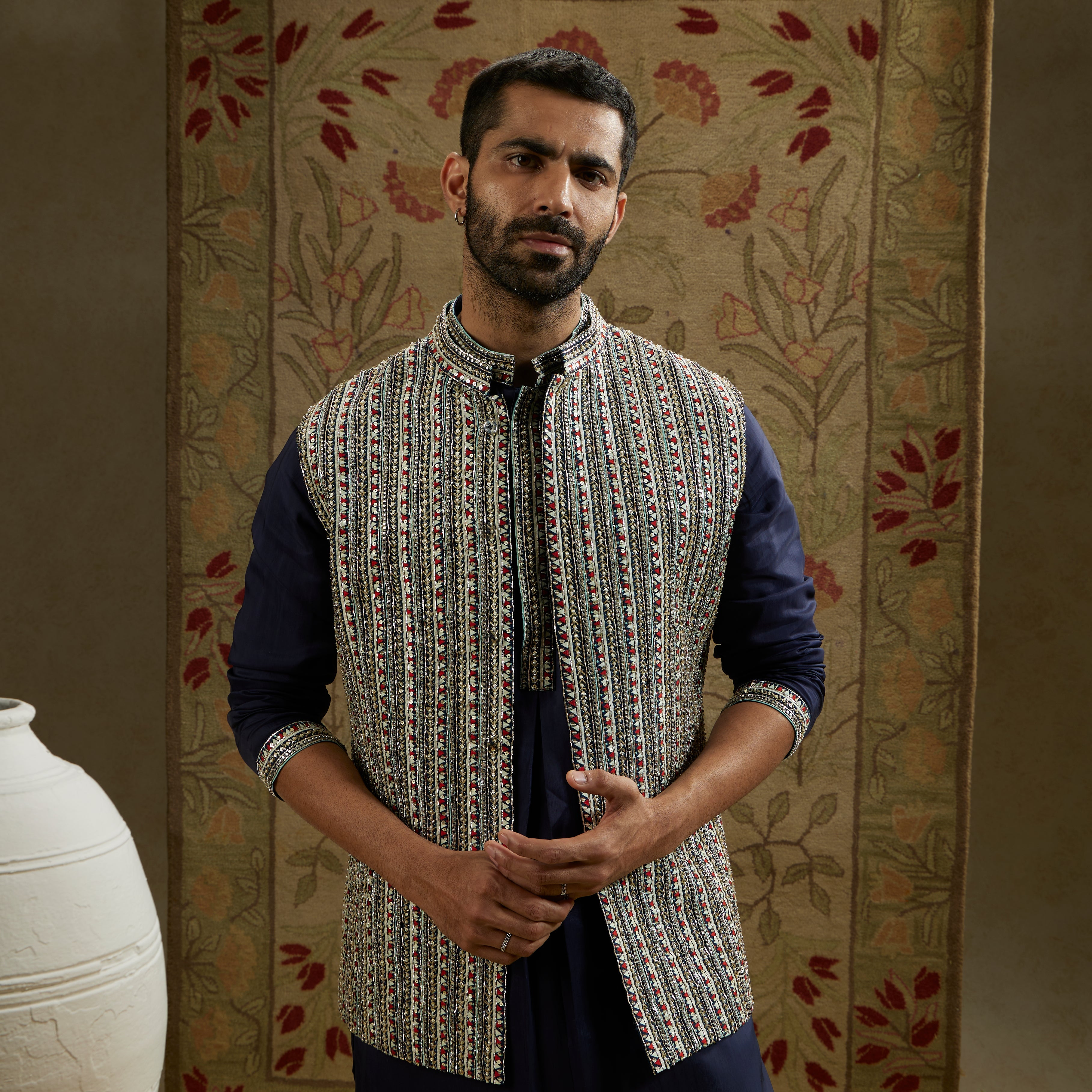 Blue Border Embellished Bundi Set