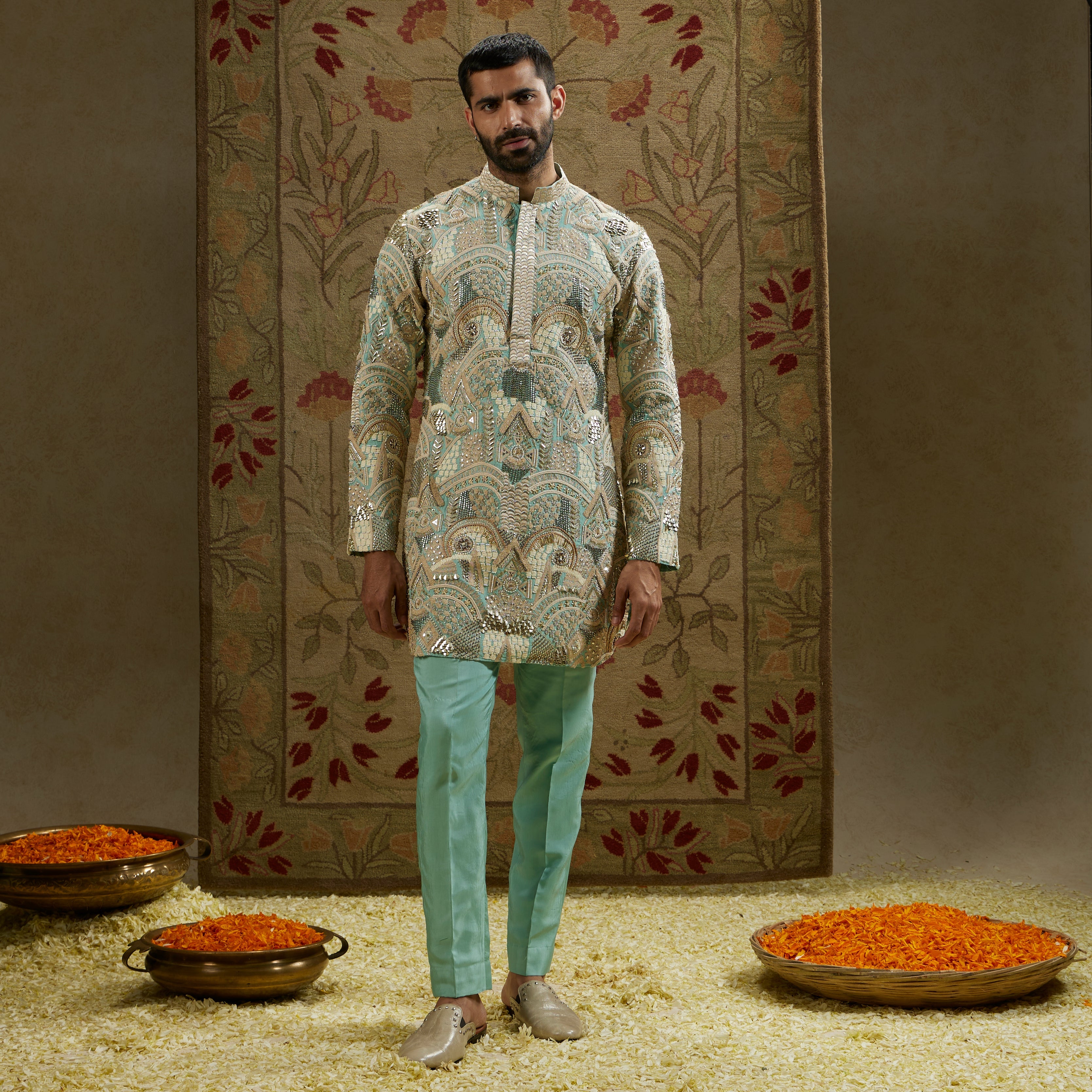 Teal Blue Embellished Kurta Set