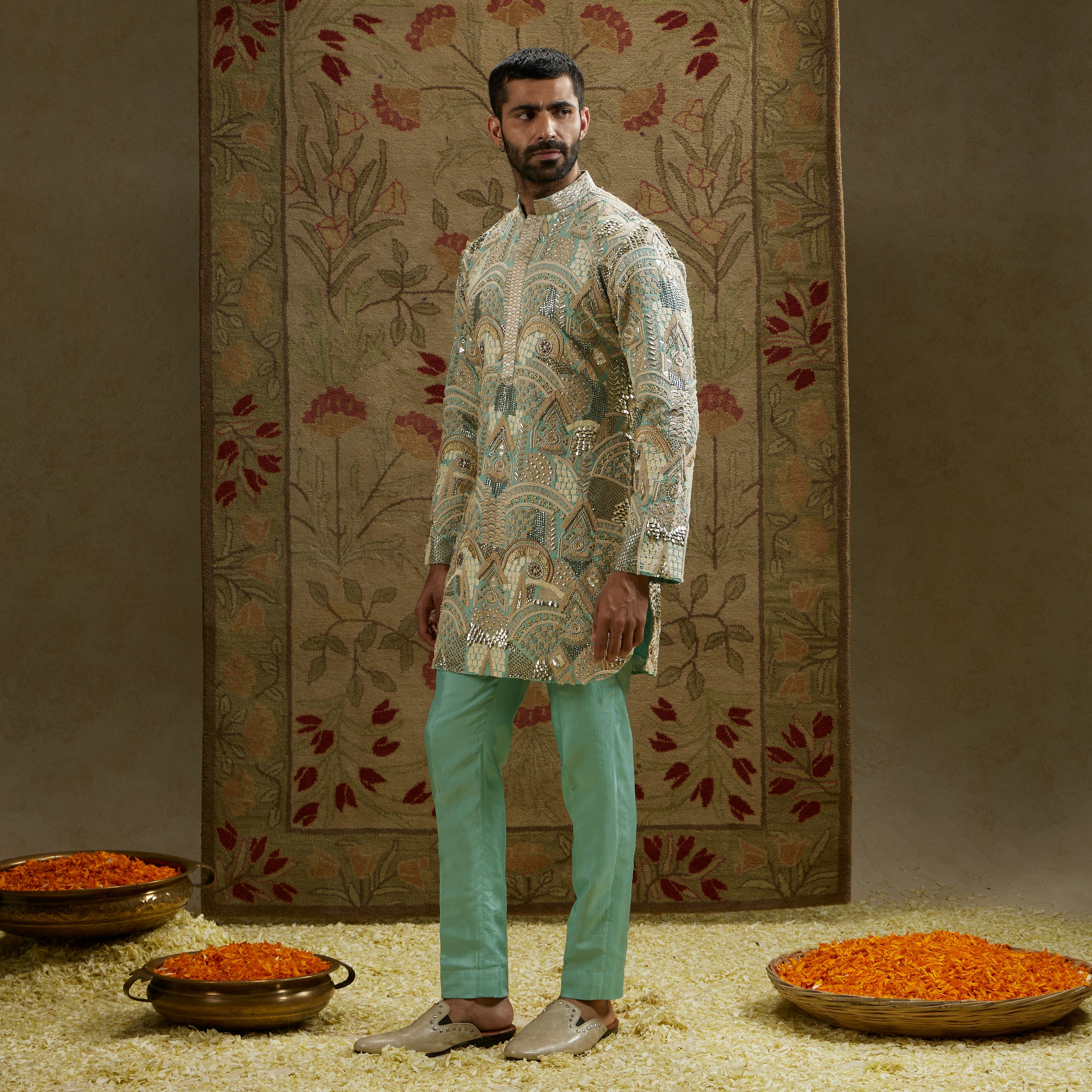 Teal Blue Embellished Kurta Set