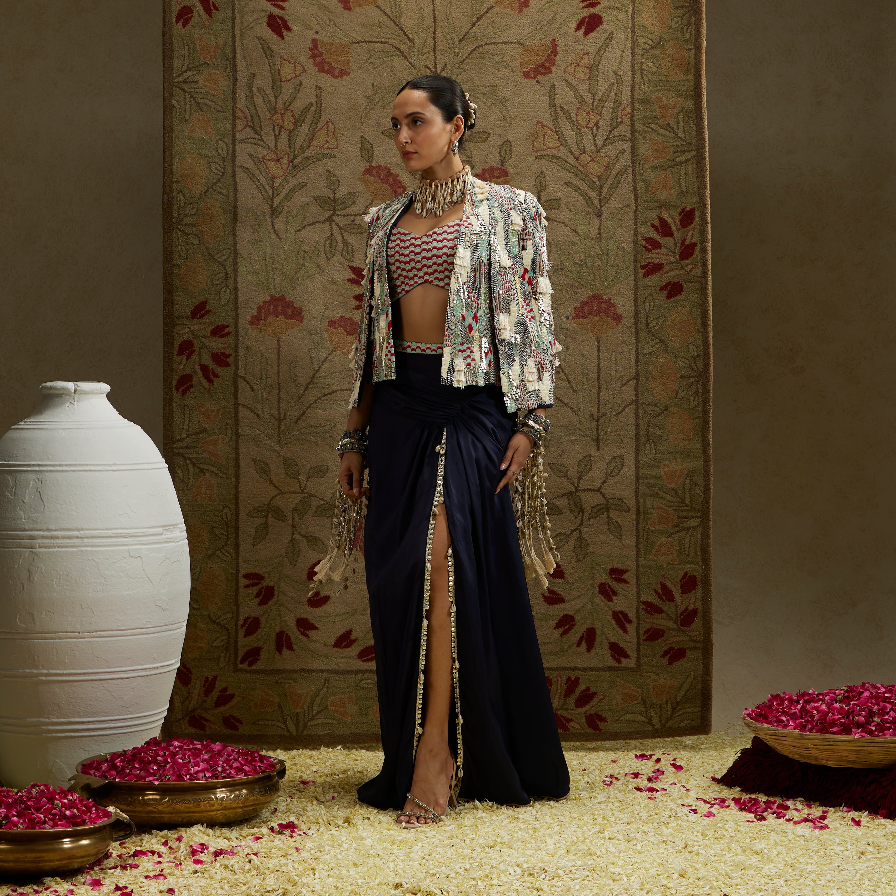 Abstract Embellished Fringe Jacket With Small Scallop Bustier And High Slit Skirt