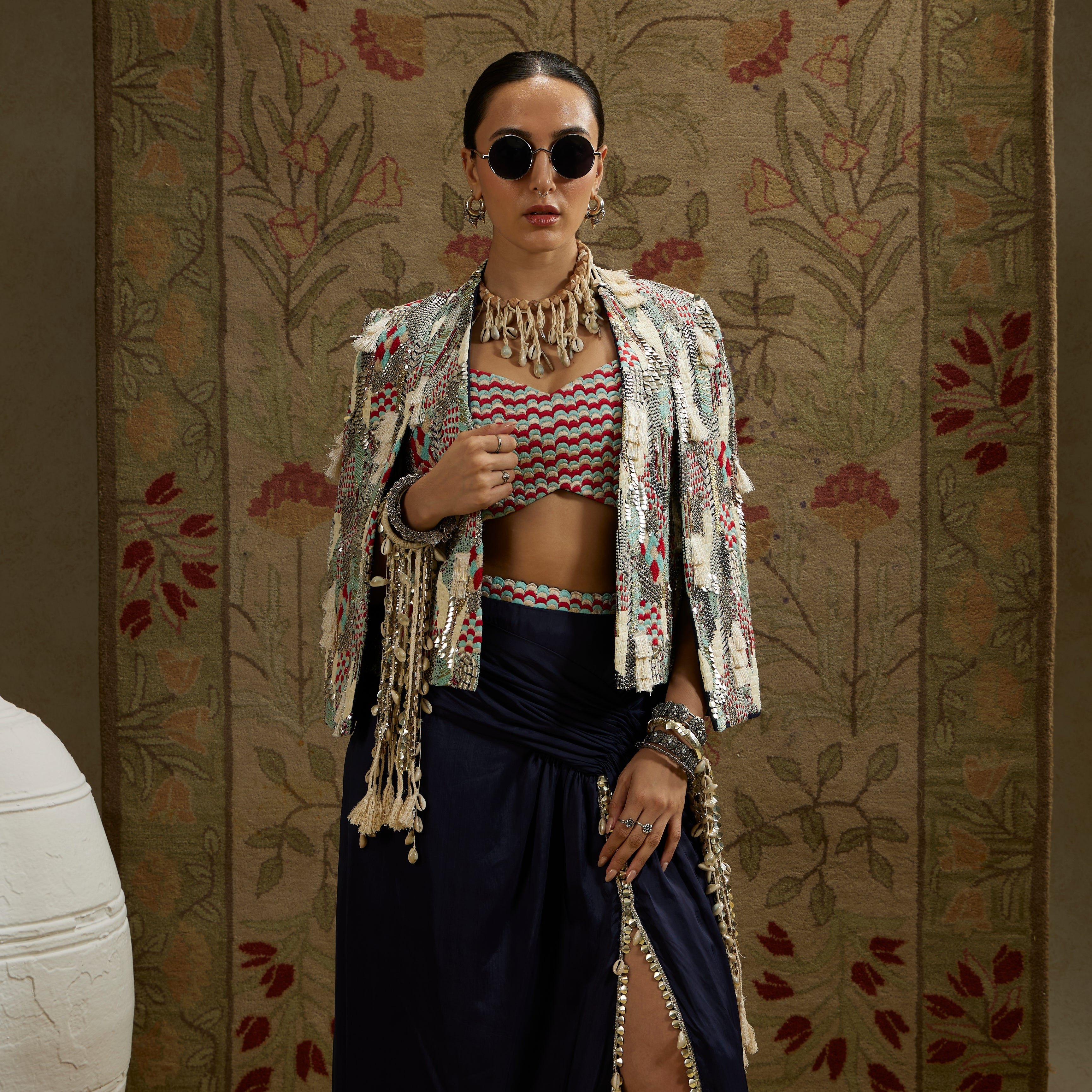 Blue Abstract Embellished Fringe Jacket