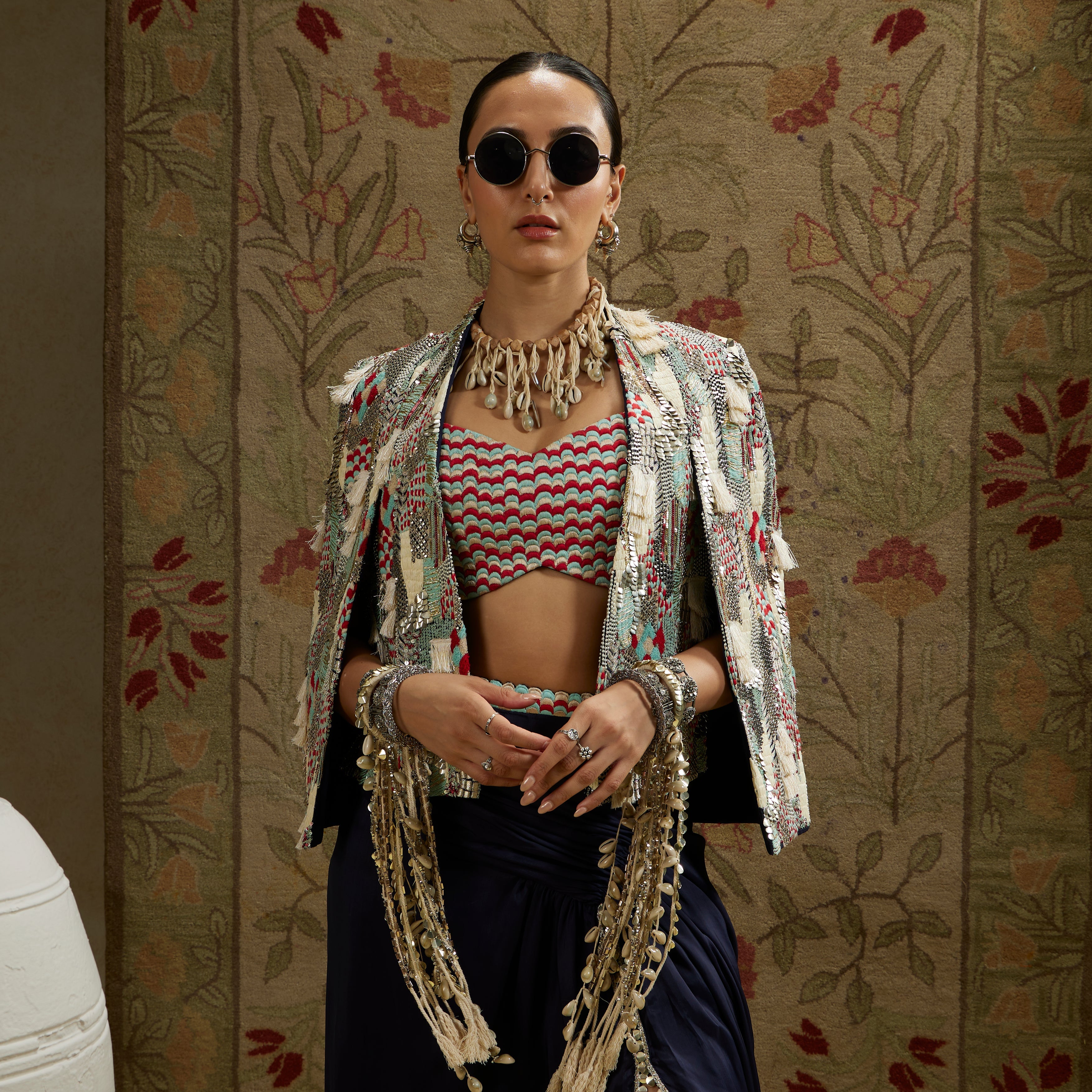 Abstract Embellished Fringe Jacket With Small Scallop Bustier And High Slit Skirt