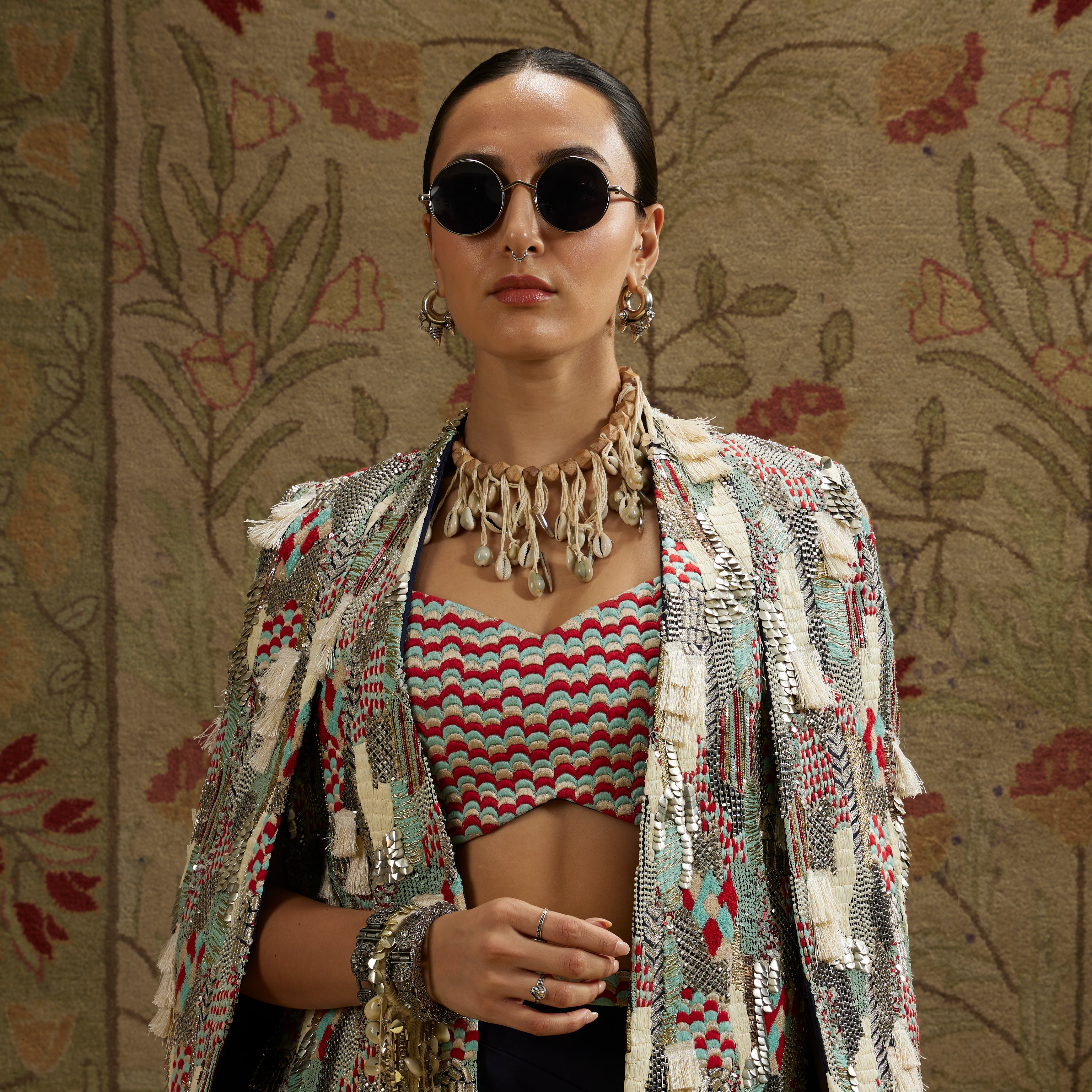 Abstract Embellished Fringe Jacket With Small Scallop Bustier And High Slit Skirt