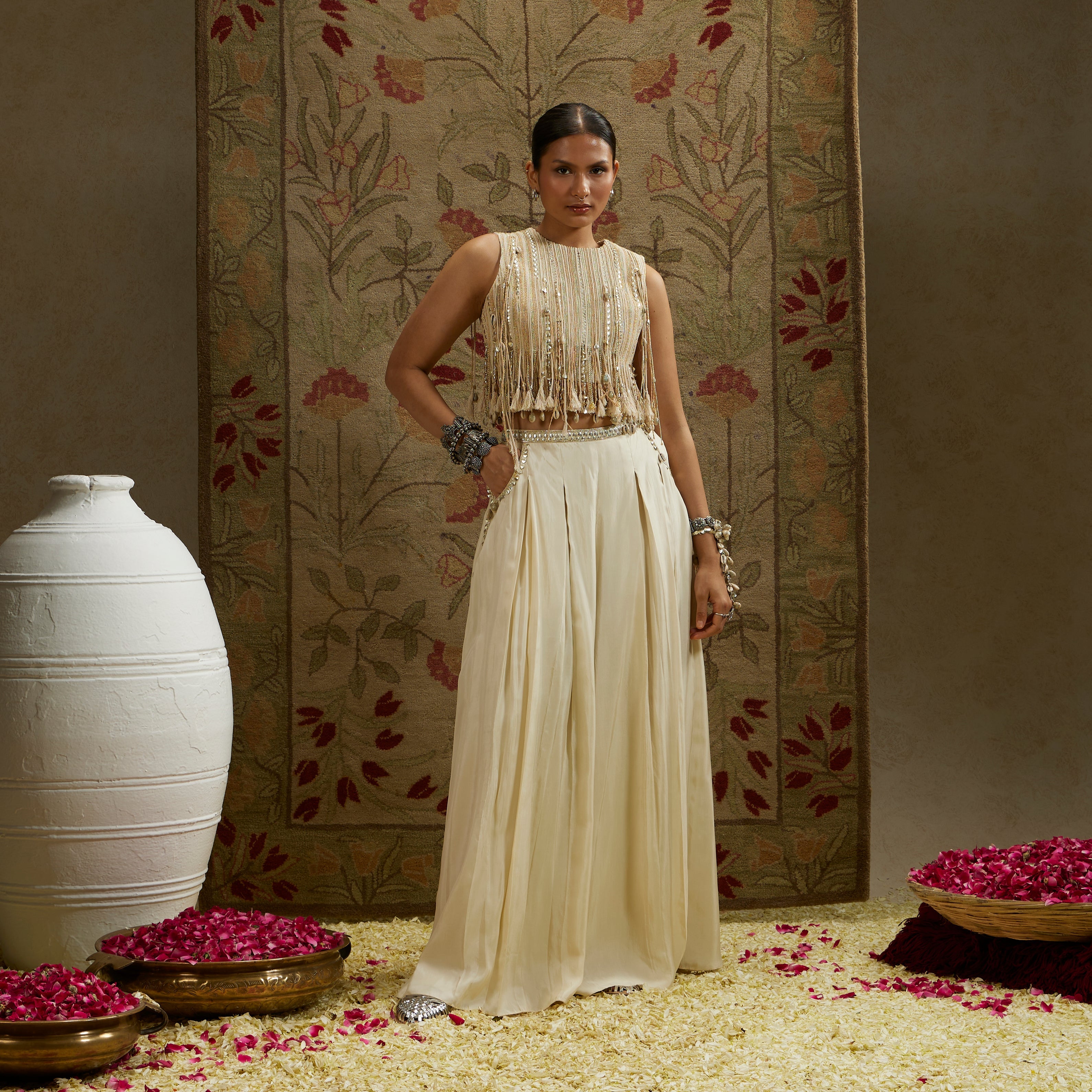 Magnolia Thread Tassel Croptop Paired With Pleated Pants