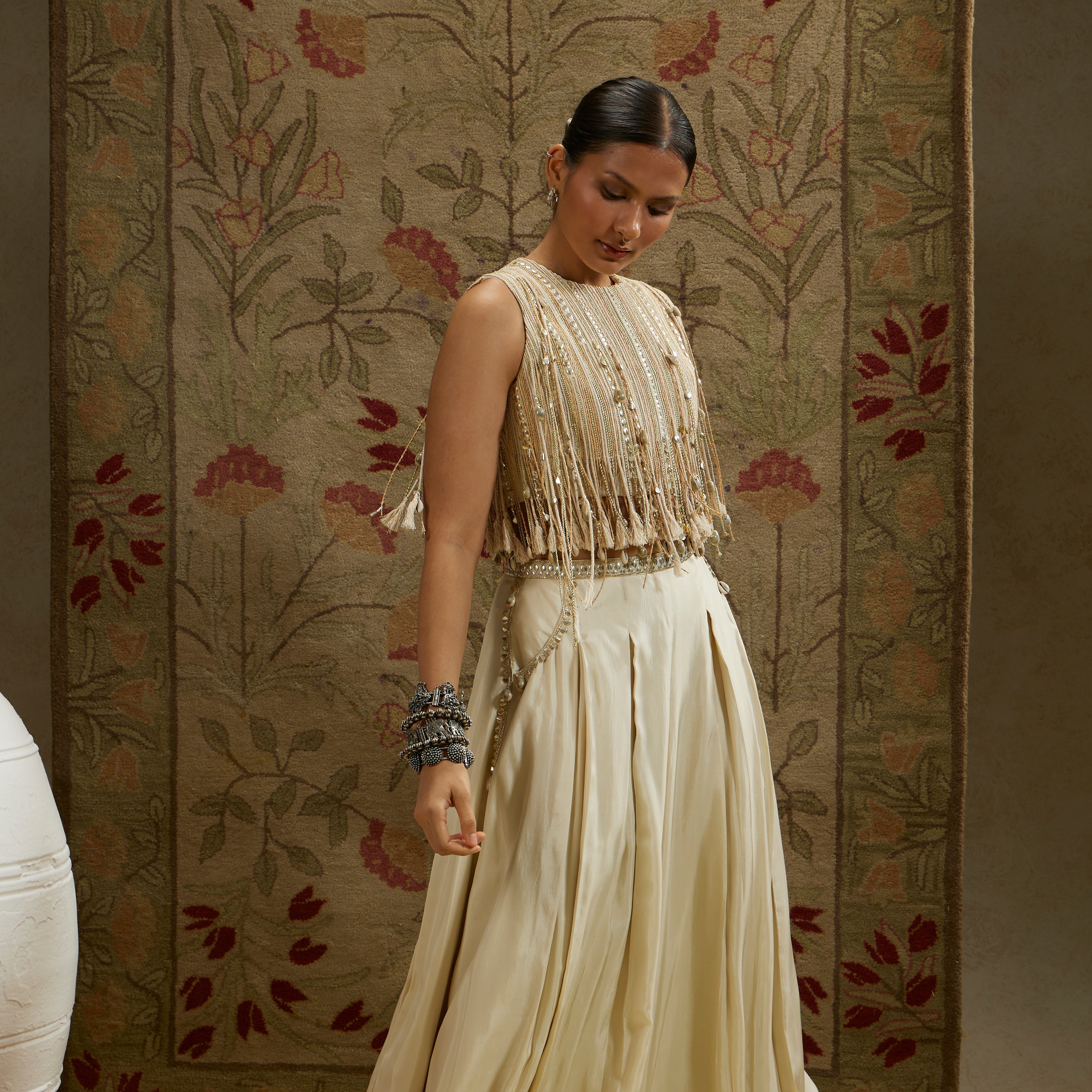 Magnolia Thread Tassel Croptop Paired With Pleated Pants