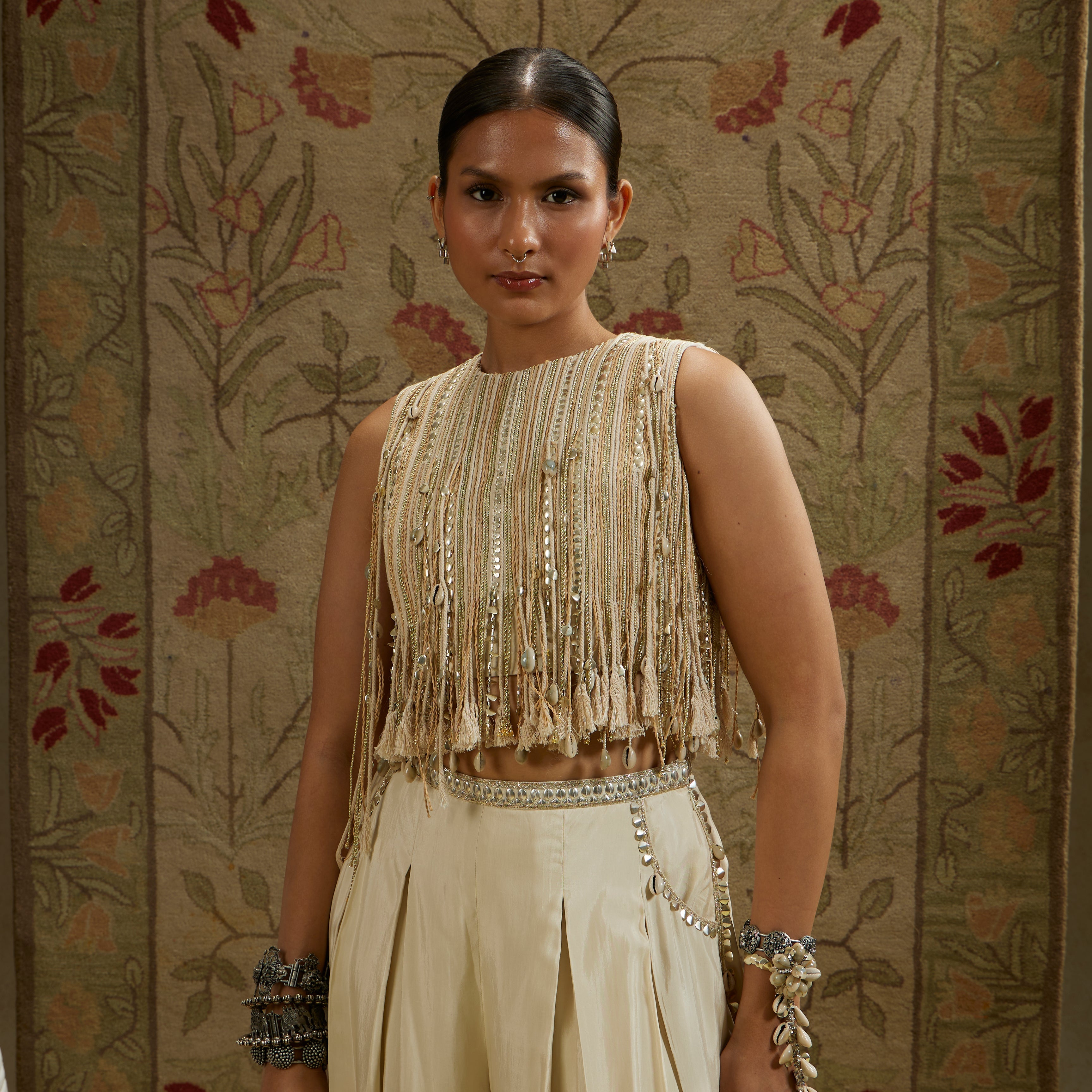 Magnolia Thread Tassel Croptop Paired With Pleated Pants