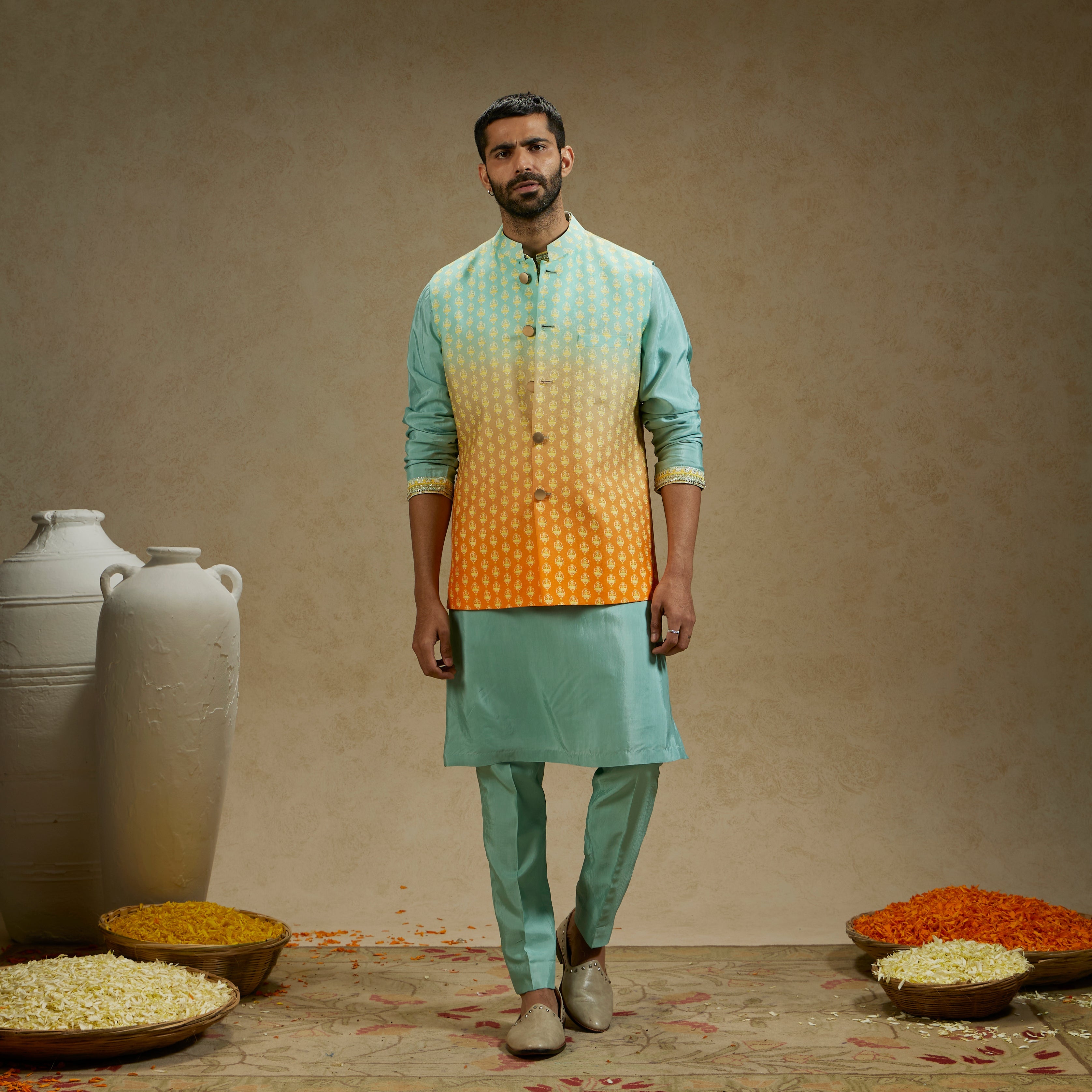 Orange Blue Ombre Butti Printed Bundi