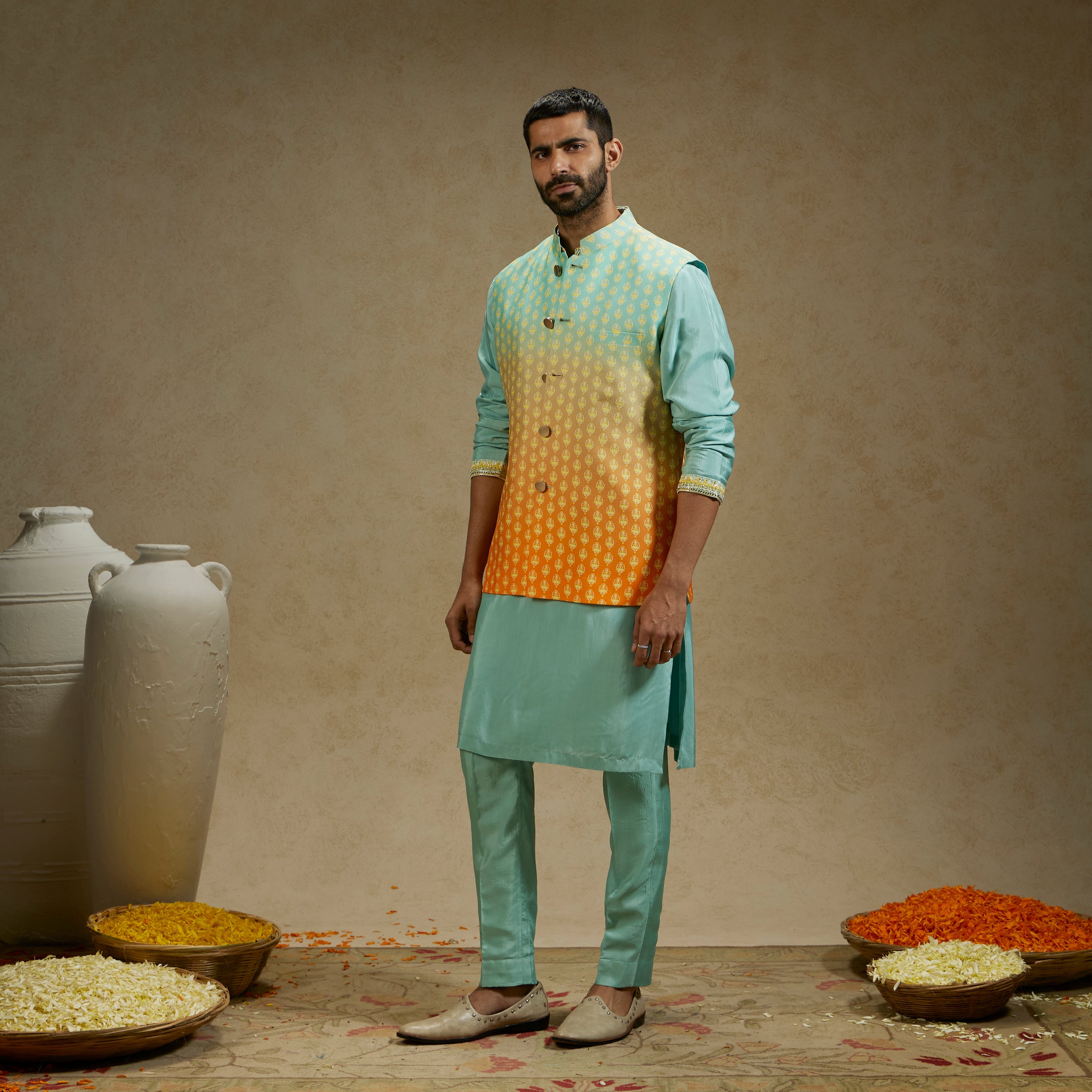 Orange Blue Ombre Butti Printed Bundi