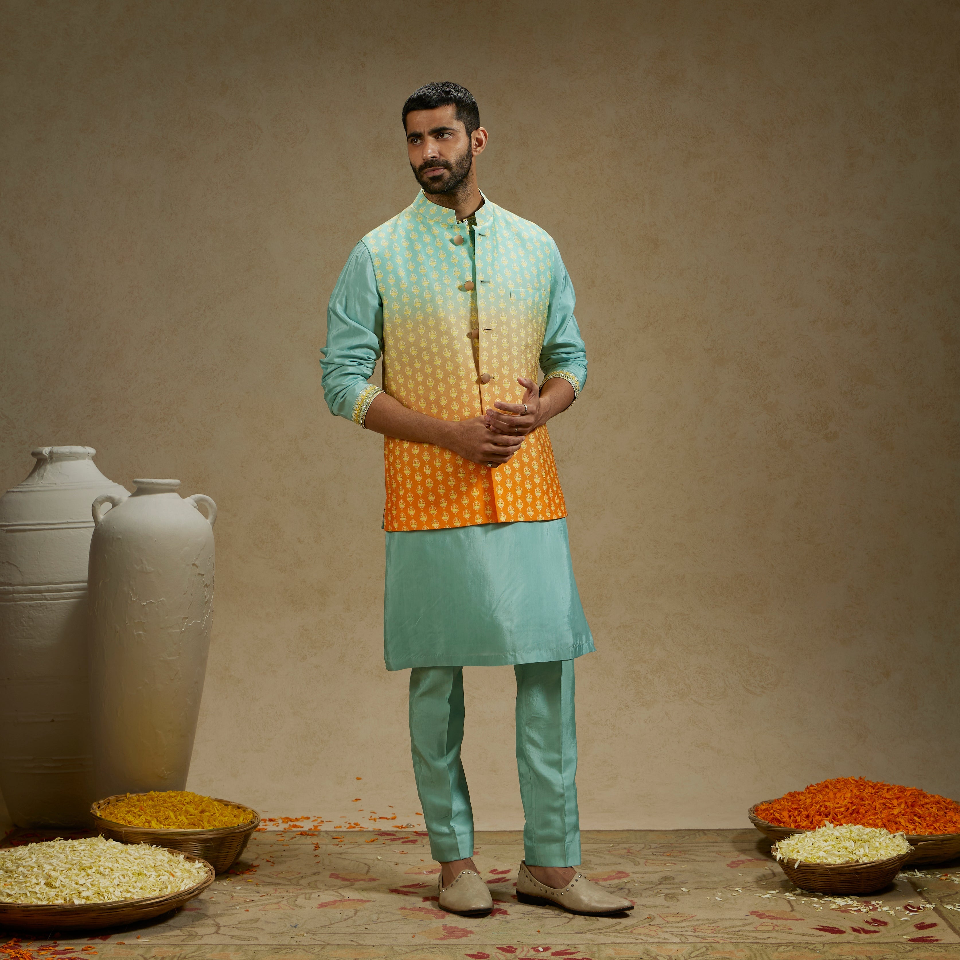 Orange Blue Ombre Butti Printed Bundi