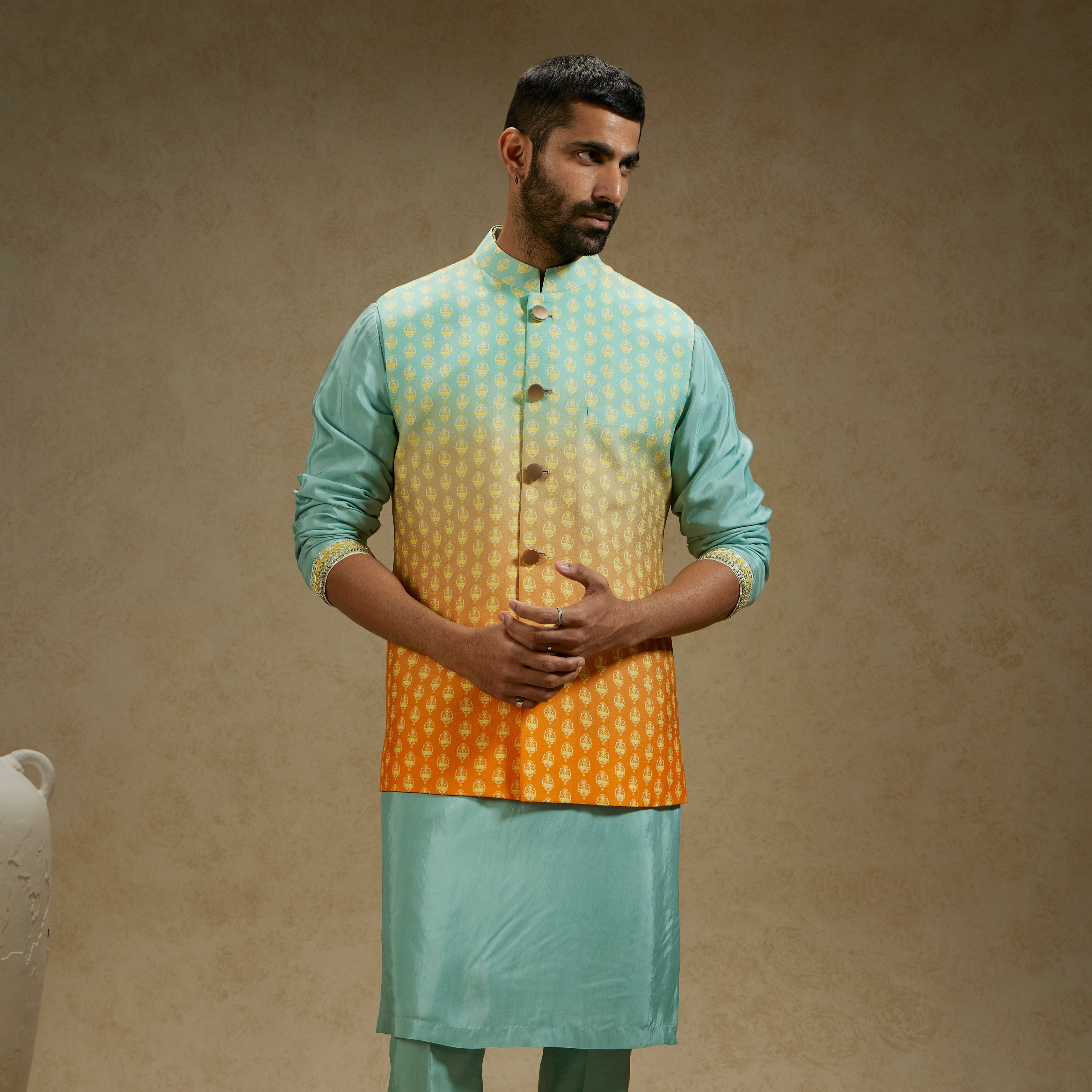 Orange Blue Ombre Butti Printed Bundi