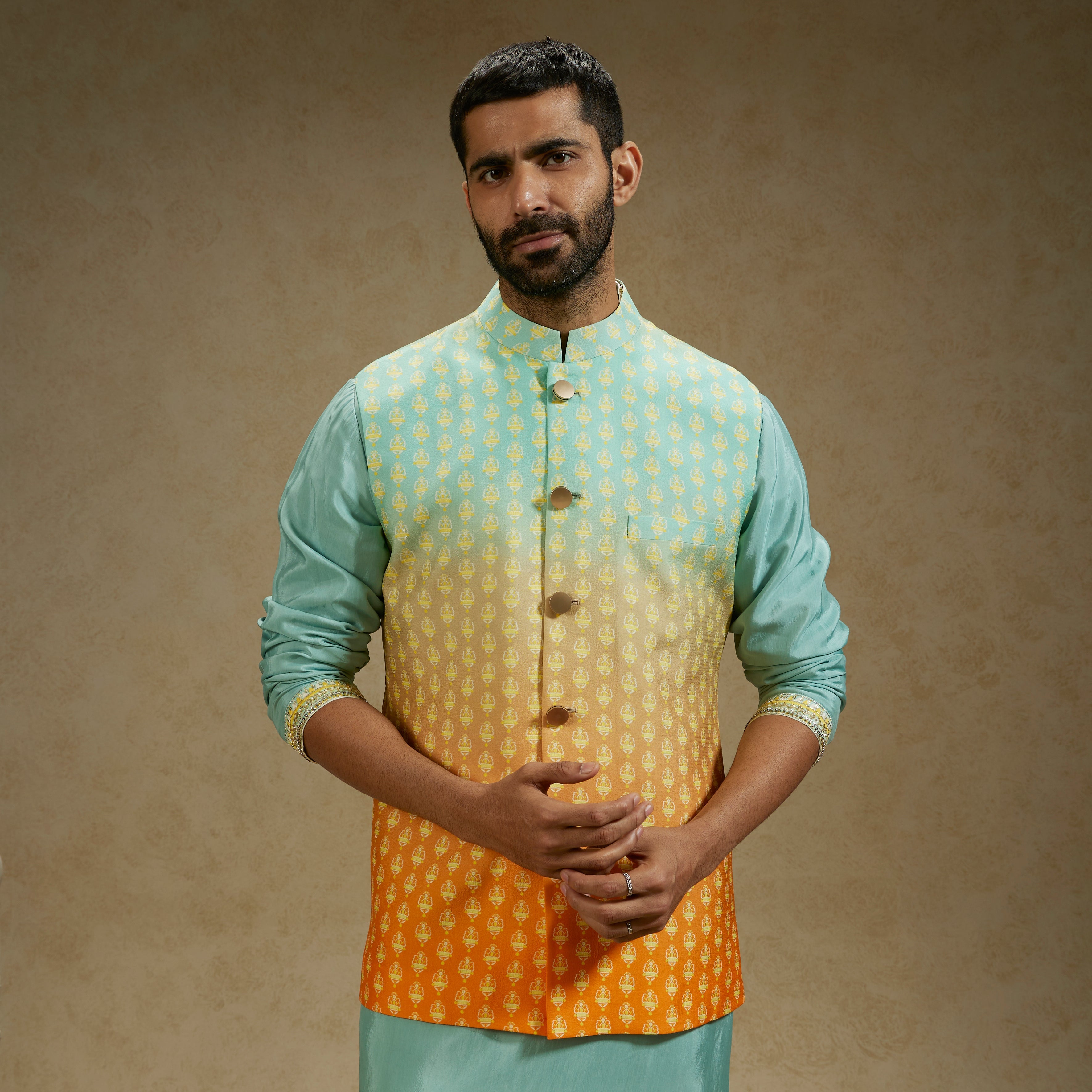 Orange Blue Ombre Butti Printed Bundi
