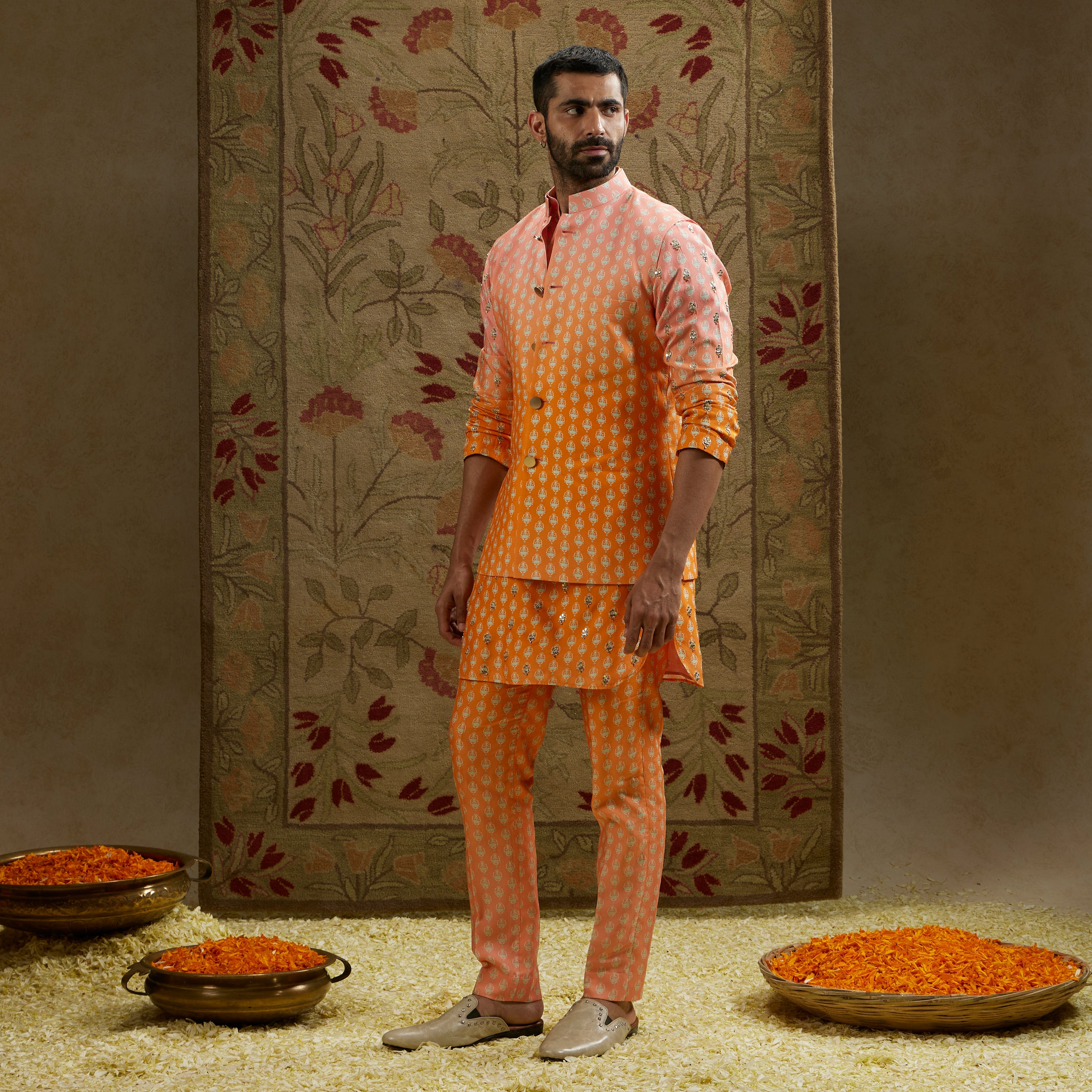 Orange Pink Ombre Butti Printed Bundi