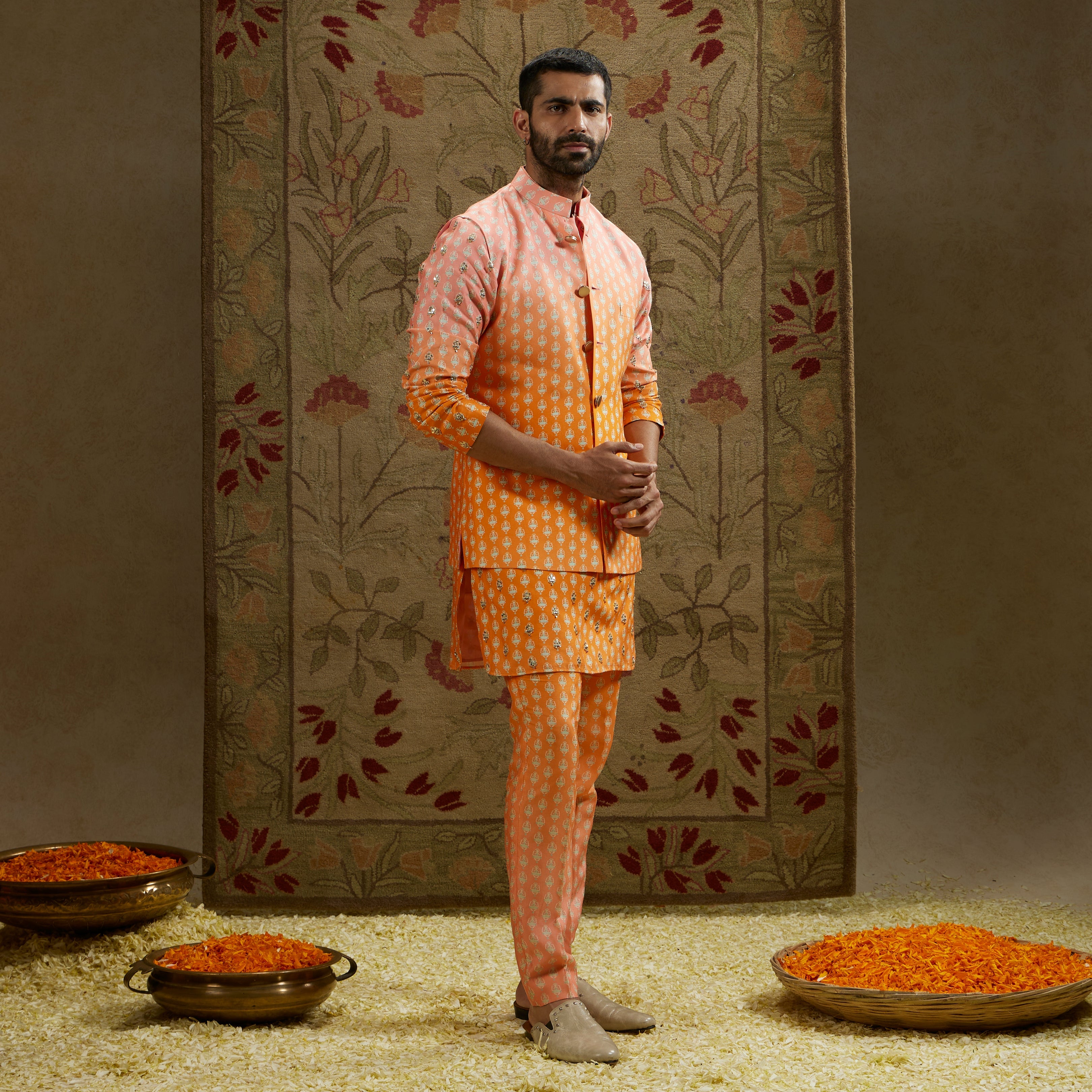 Orange Pink Ombre Butti Printed Bundi Set