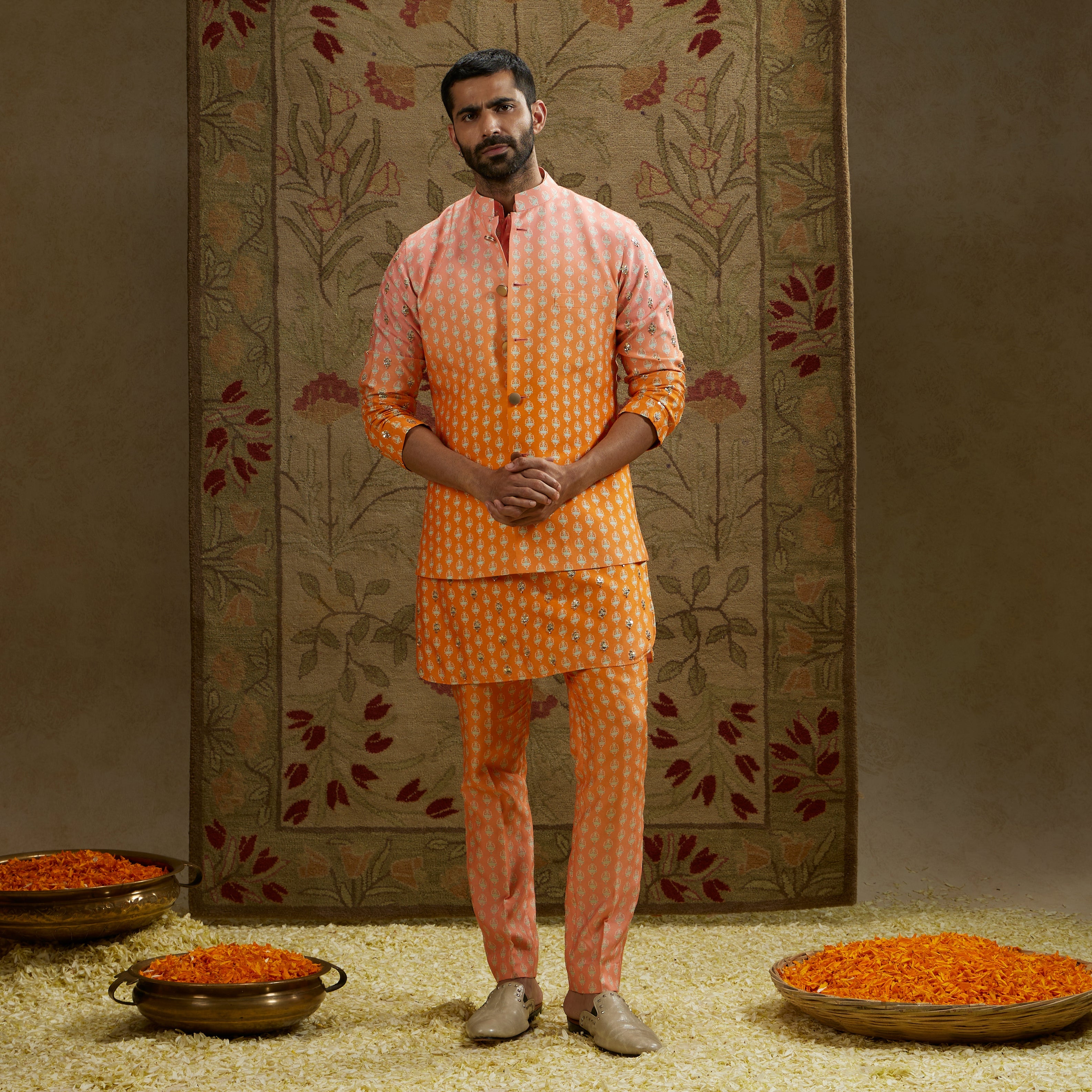 Orange Pink Ombre Butti Printed Bundi