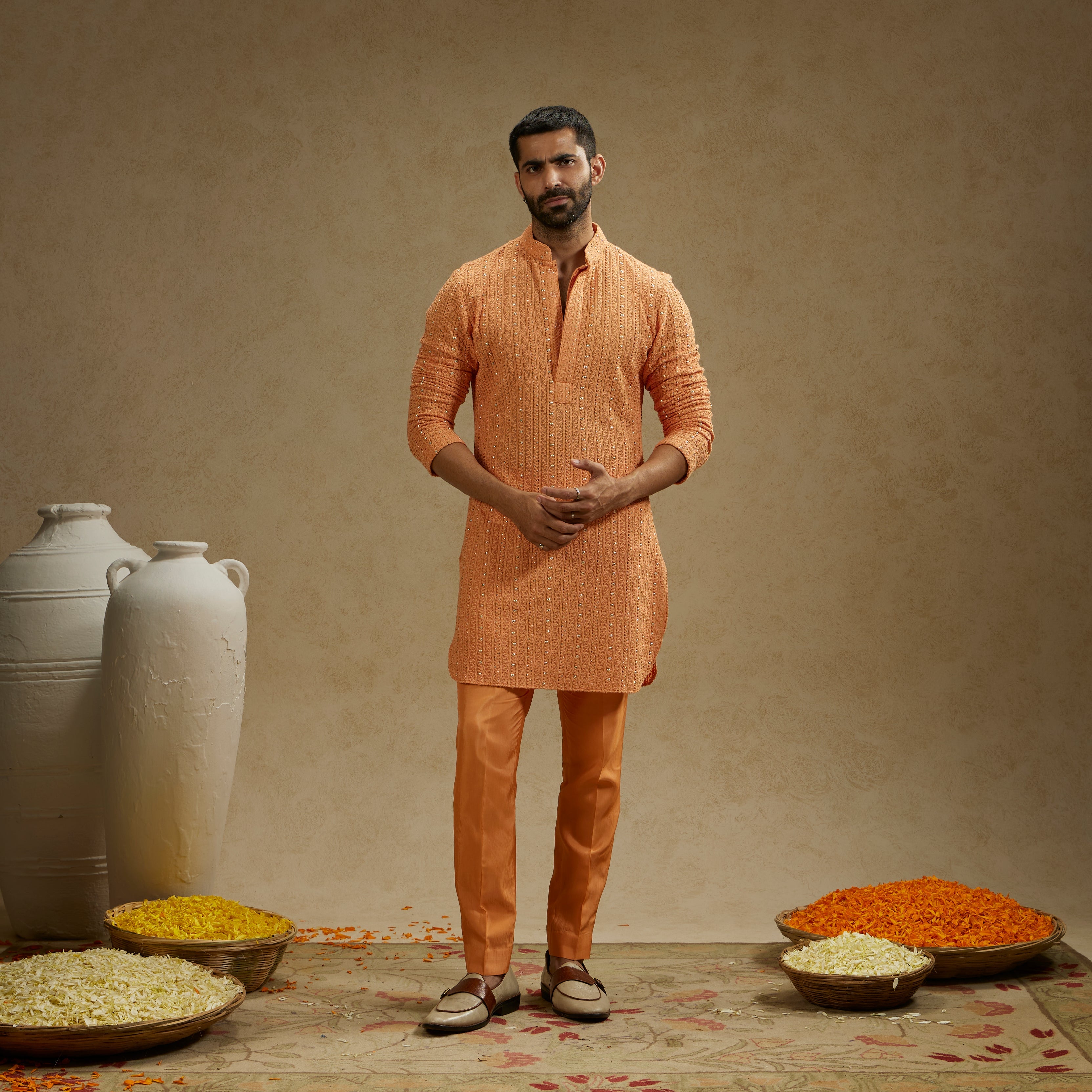 Orange Metal Embellished Lucknowi Kurta With Pants